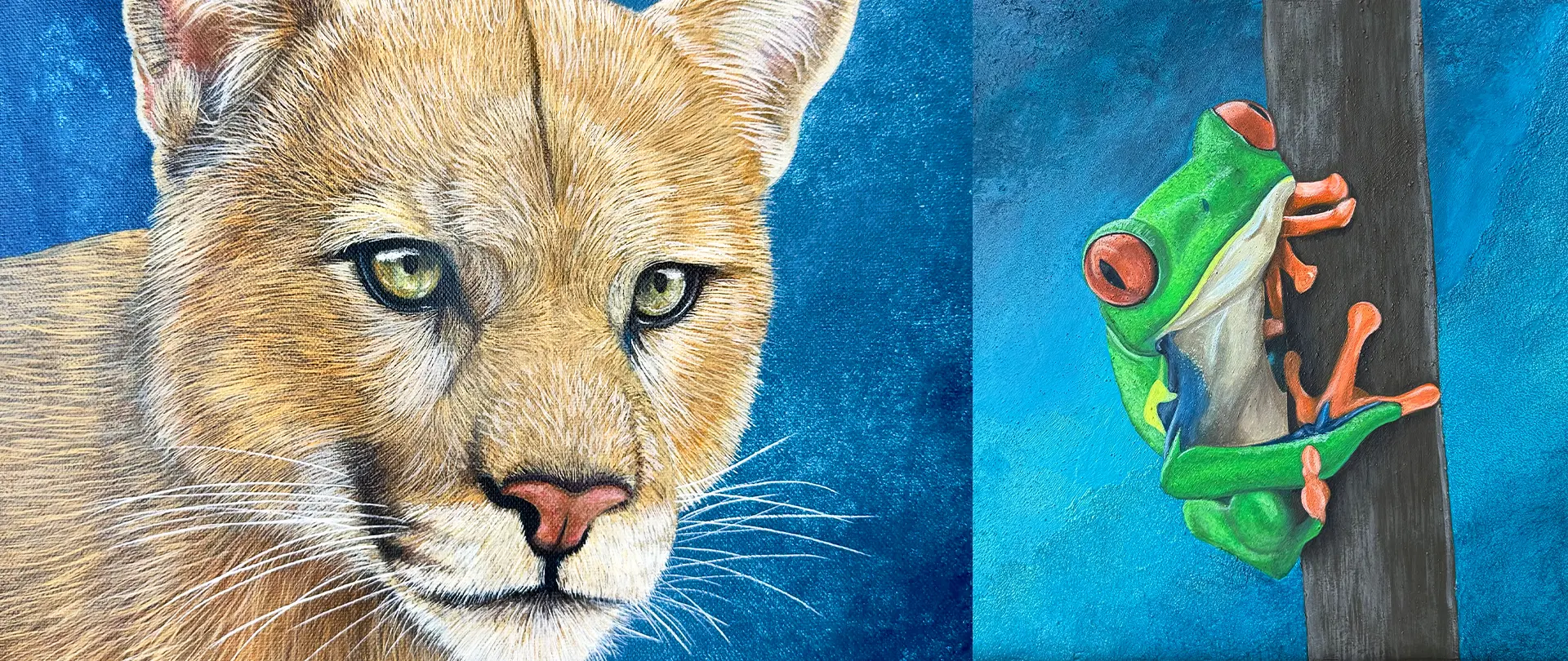 Seitenansicht eines gemalten Puma-Kopfes neben einem farbenfrohen Baumfrosch auf blauem Hintergrund als Acryl-Tierportrait