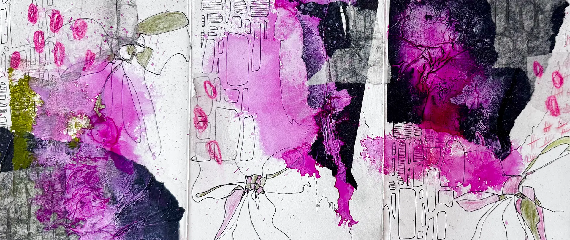 Abstrakte Collage aus leuchtenden Pink- und Violetttönen mit Linienzeichnungen auf weißem Hintergrund, die kreative Intuition und experimentelles Malen symbolisiert