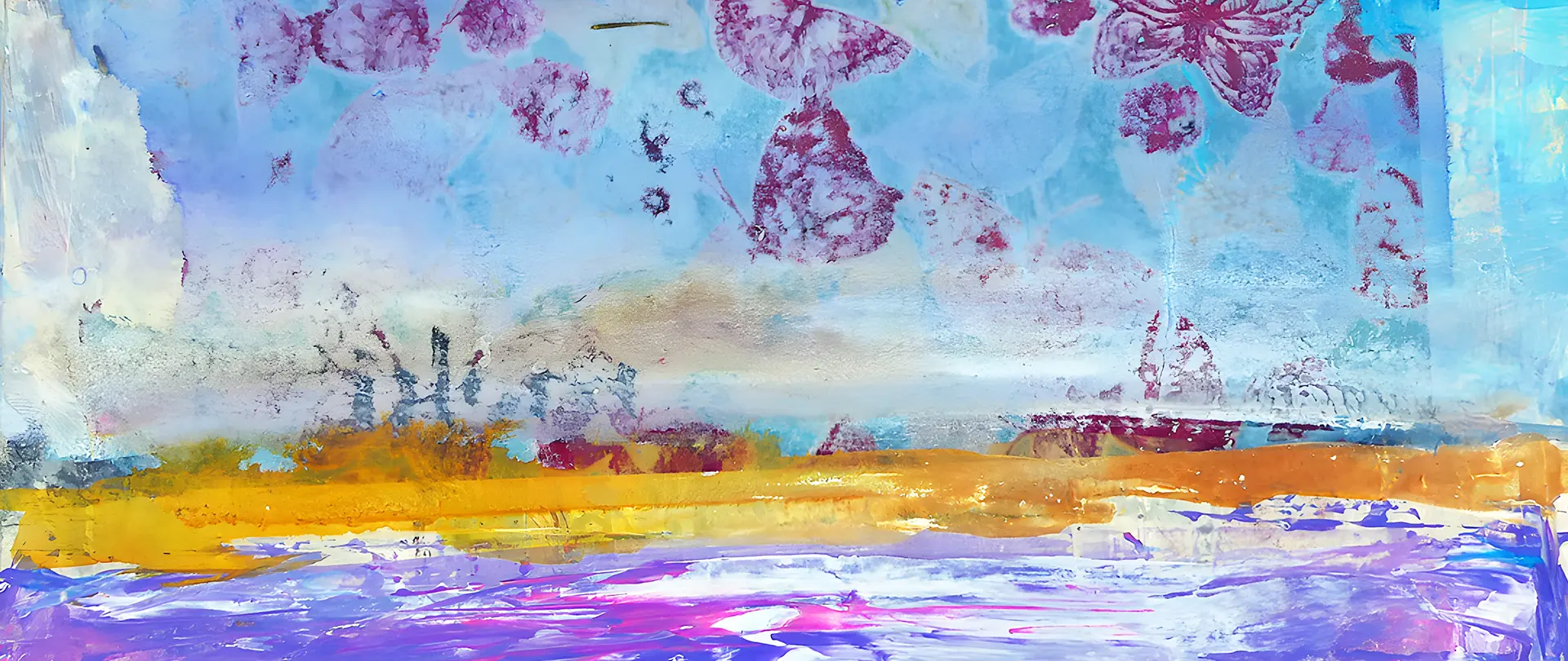Experimentelle Acrylmalerei mit vielfältigen Farben, abstrakten Formen und Strukturen, die Tiefe und Spannung durch Materialvielfalt vermitteln