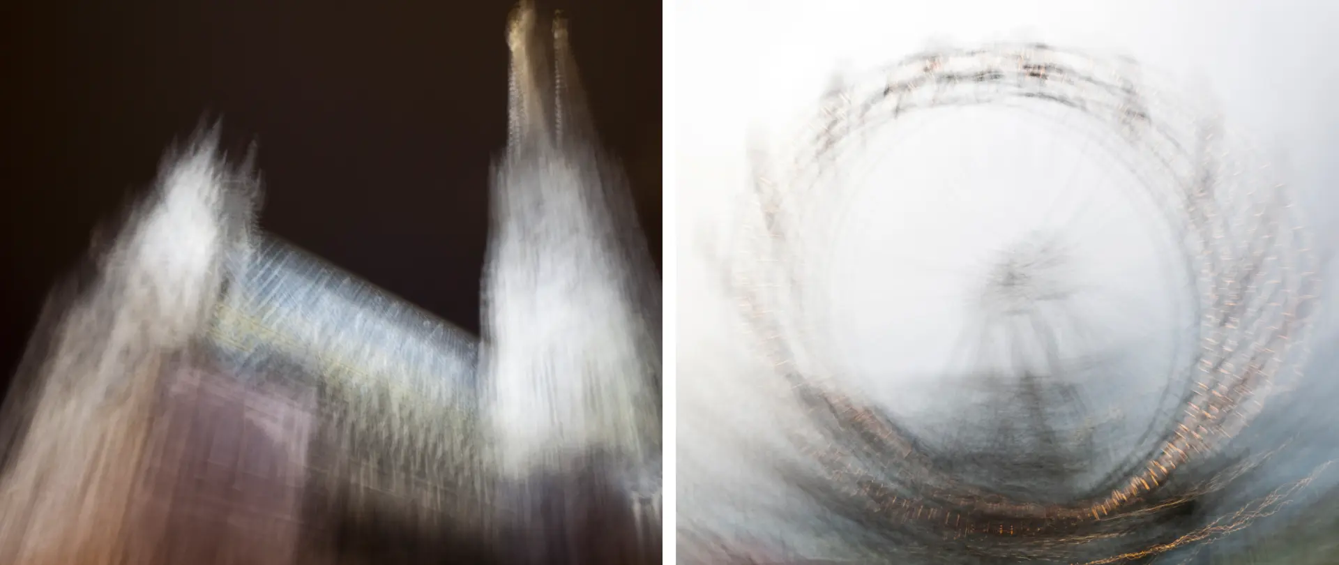 Verschwommene, abstrakte Aufnahmen von Wiener Architektur und einem Riesenrad, die klassische und experimentelle Fotografie vereinen
