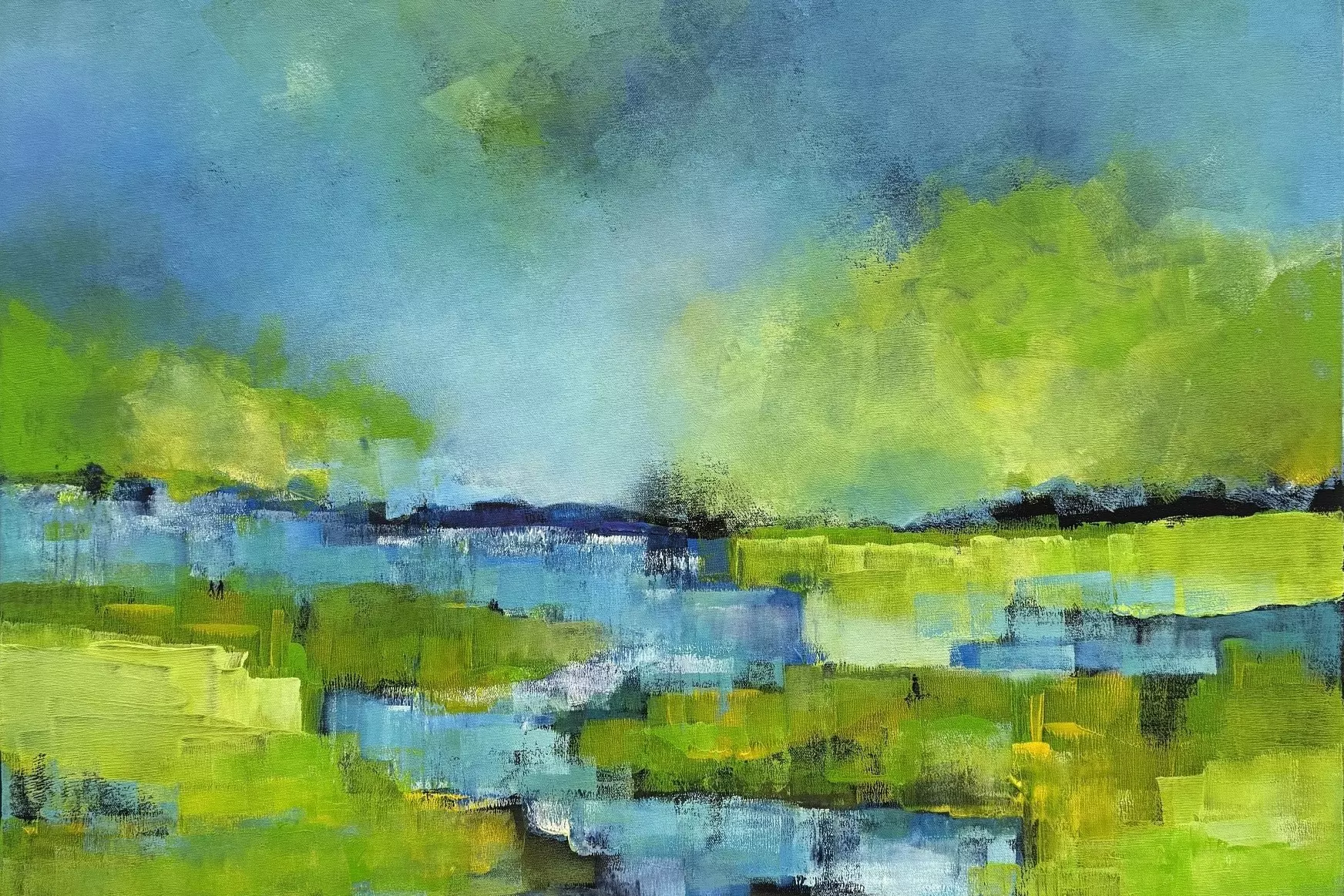 Abstraktes Werk von artistravel Dozentin Andrea Rathert-Schützdeller Andrea Rathert-Schützdeller interpretiert expressionistisch eine Landschaft mit abstrakten Blau- und Grüntönen, die Fluss und Felder in bewegter Farb- und Formensprache darstellen