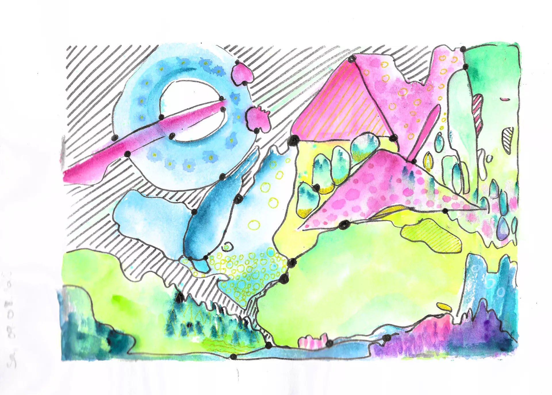 Neurografik von Anita Ranzan Abstrakte, farbenfrohe Aquarell- und Tuschezeichnung von Anita Ranzan, die durch offene Formen und sanfte Linien meditative Achtsamkeit und kreative Freiheit ausdrückt