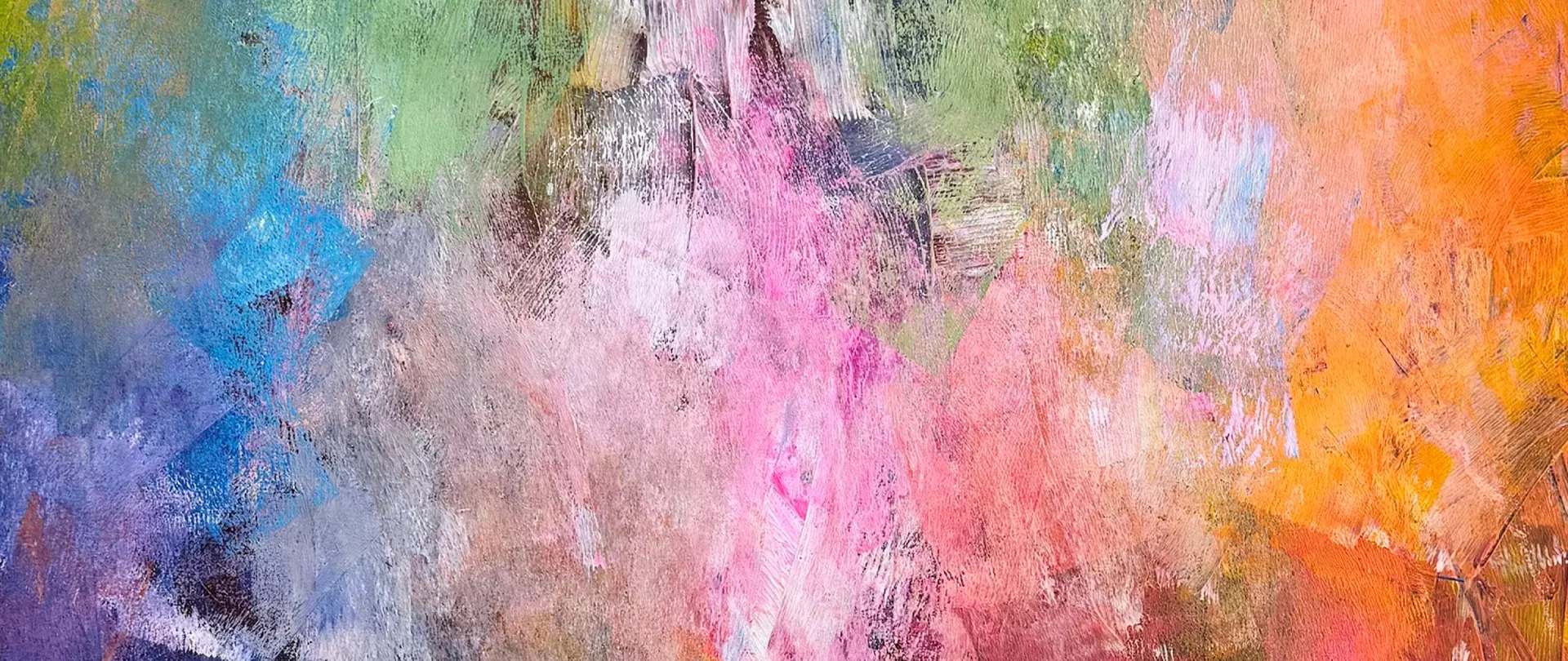 Abstraktes Werk von artistravel Dozentin Andrea Rathert-Schützdeller Expressionistisches abstraktes Gemälde mit leuchtenden Farbflächen in Blau, Grün, Pink und Orange von Andrea Rathert-Schützdeller