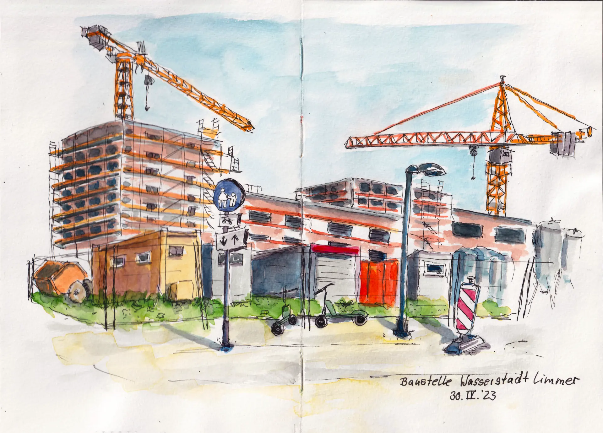 23.06.30 Wasserstadt Limmer Baukräne und Gebäude auf der Baustelle Wasserstadt Limmer, Aquarellzeichnung von Tina Kuhrt mit lebendigen Farbakzenten und skizzenhaftem Stil