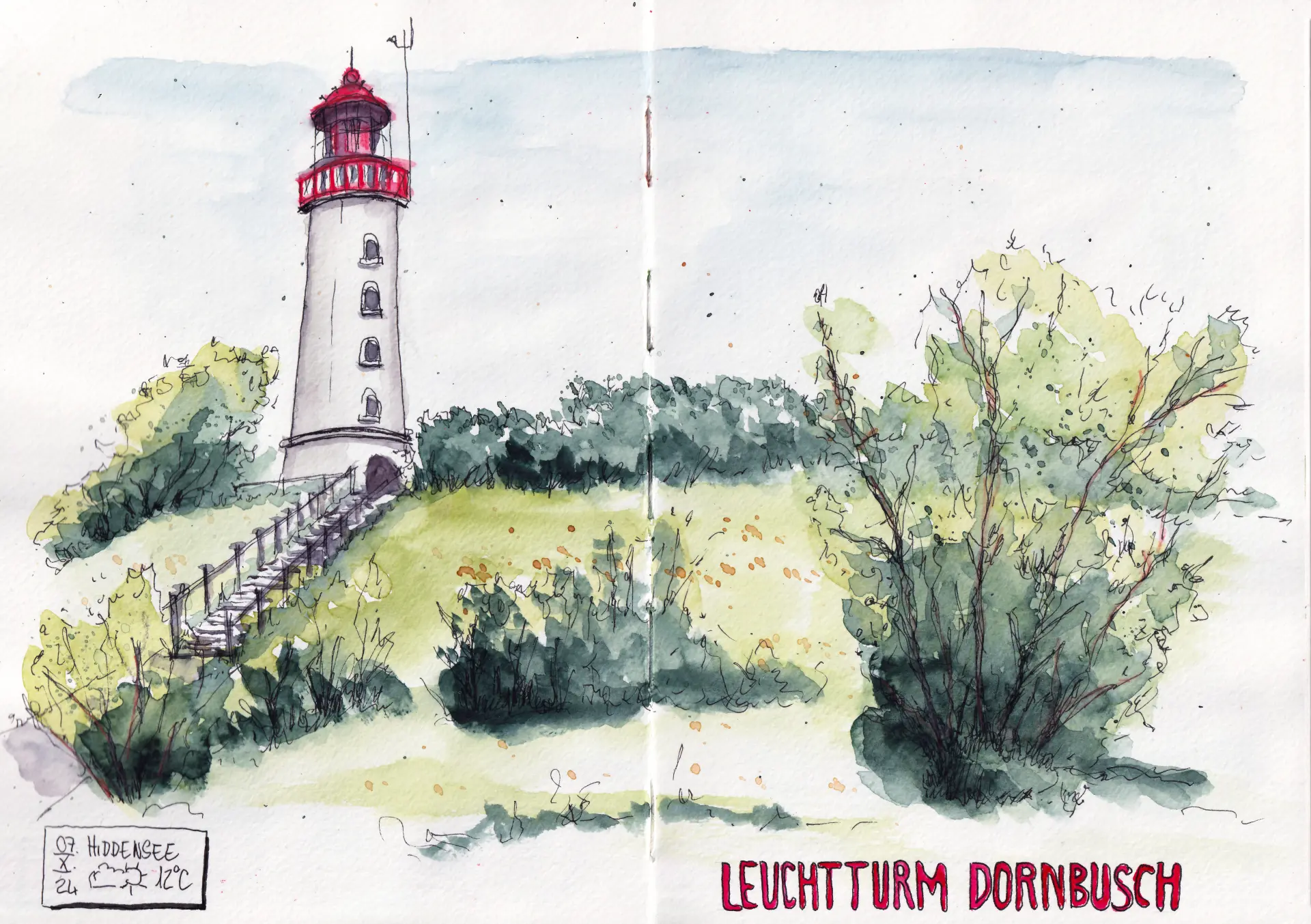24.10.07 Leuchtturm Dornbusch Aquarellzeichnung von Tina Kuhrt zeigt den Leuchtturm Dornbusch auf einem grünen Hügel mit Büschen und leicht bewölktem Himmel