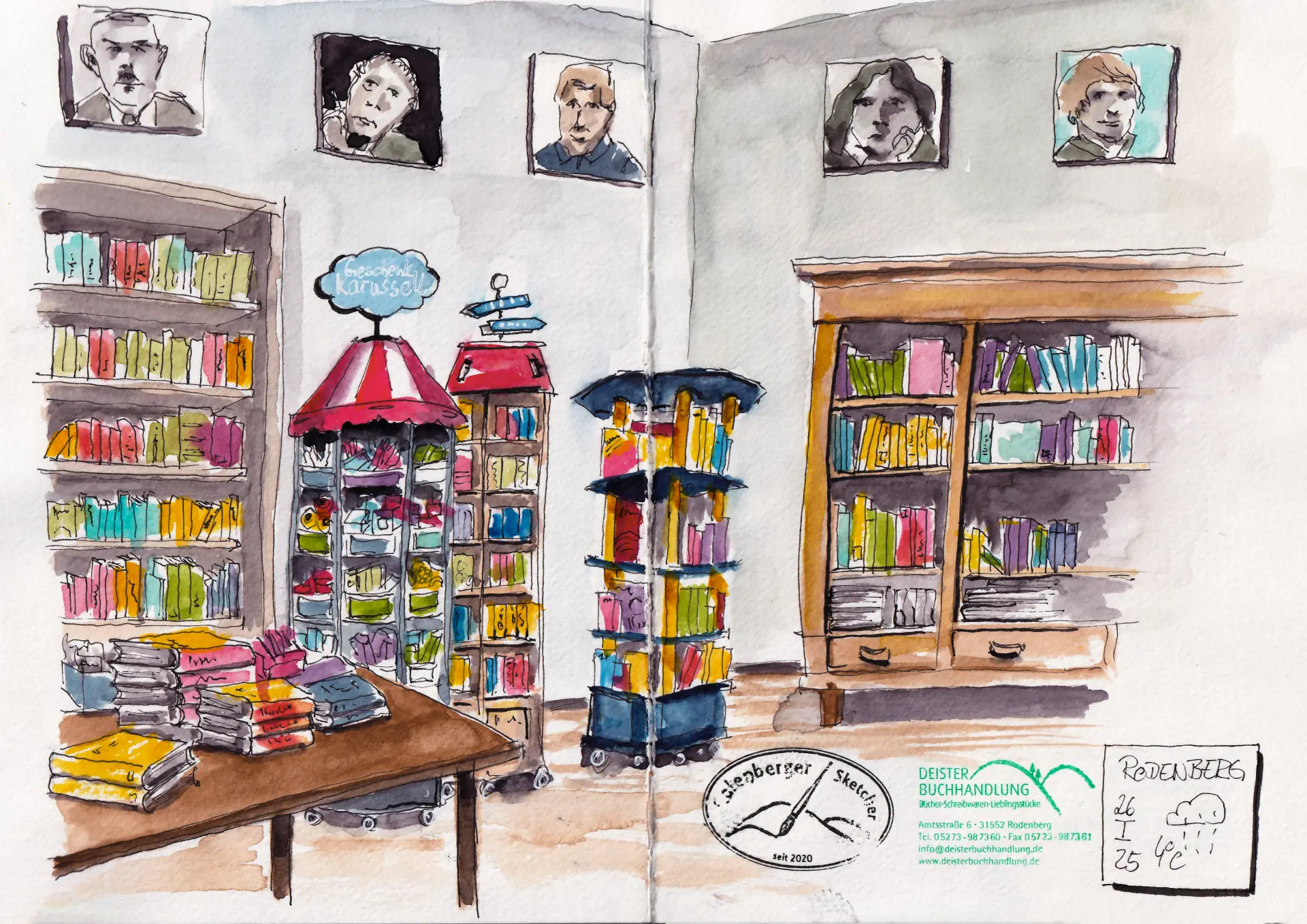 25.01.26 Deisterbuchhandlung 1 Bunte Bücherregale und Bücherständer in einer Buchhandlung, Aquarellzeichnung von Tina Kuhrt mit Porträts an der Wand und Stempel auf dem Boden