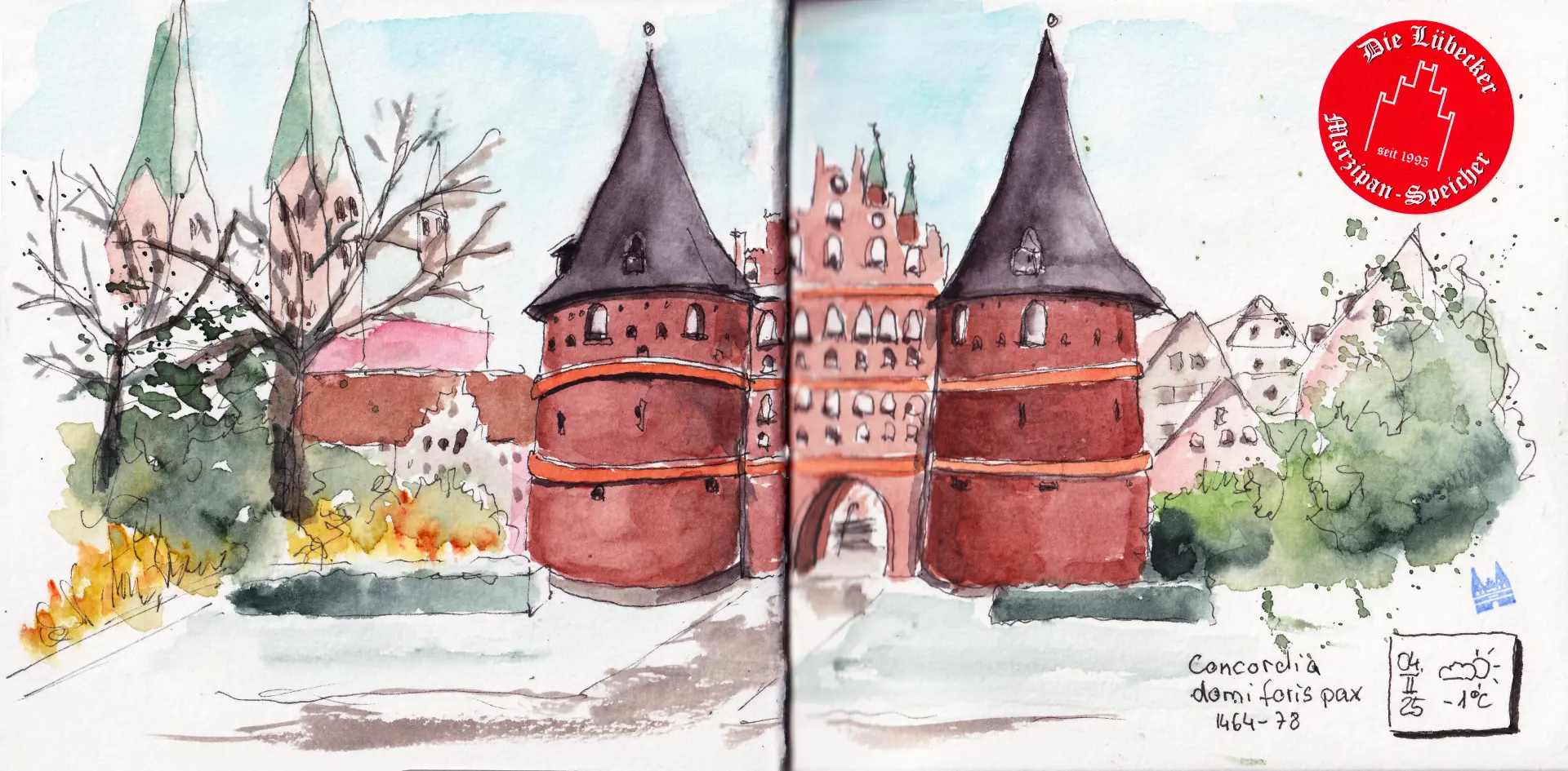 25.02.04 Holstentor Aquarell mit dem Lübecker Holstentor, gemalt von Tina Kuhrt, zeigt die markanten roten Backsteintürme und das historische Stadttor im Detail