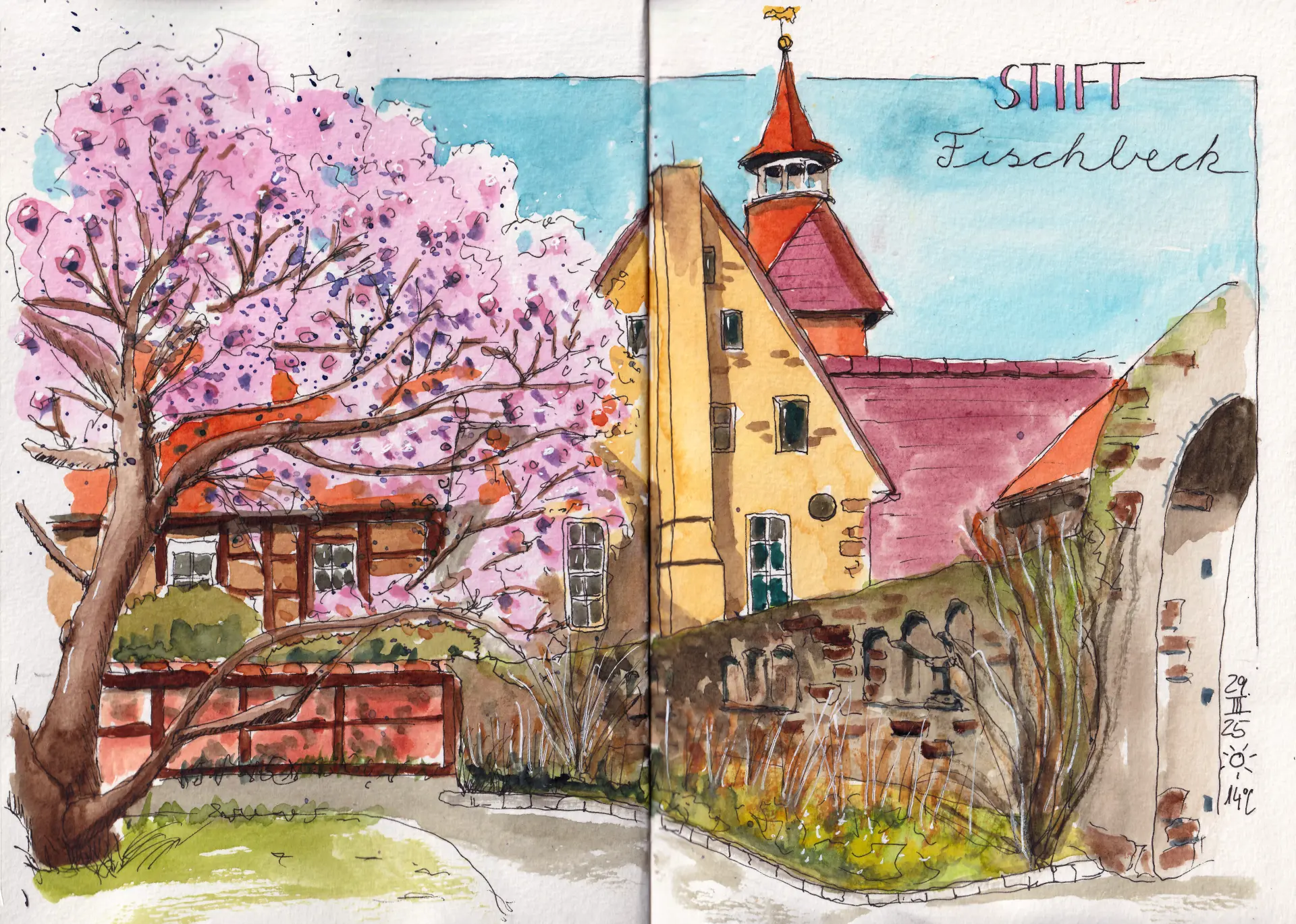 25.03.29 Stift Fischbeck Magnolienblüte Aquarell von Tina Kuhrt zeigt das Stift Fischbeck mit blühendem Kirschbaum und historischen Gebäuden vor blauem Himmel
