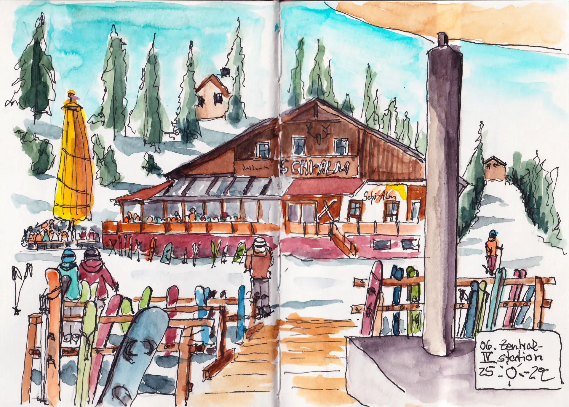 25.04.06 Schi Alm Kaltenbach Bunte Aquarellskizze von Tina Kuhrt zeigt ein Skigebiet mit Skihütte, Skifahrern und Skiern in einer verschneiten Berglandschaft