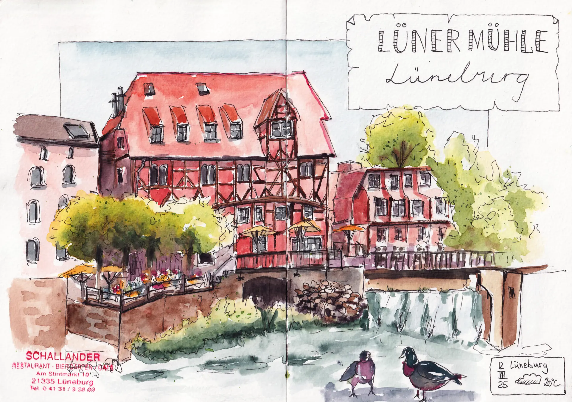 25.07.12 Lüner Mühle Aquarellzeichnung von Tina Kuhrt zeigt die historische Lüner Mühle in Lüneburg mit Fachwerkhaus, Wasserrad und Enten am Wasser