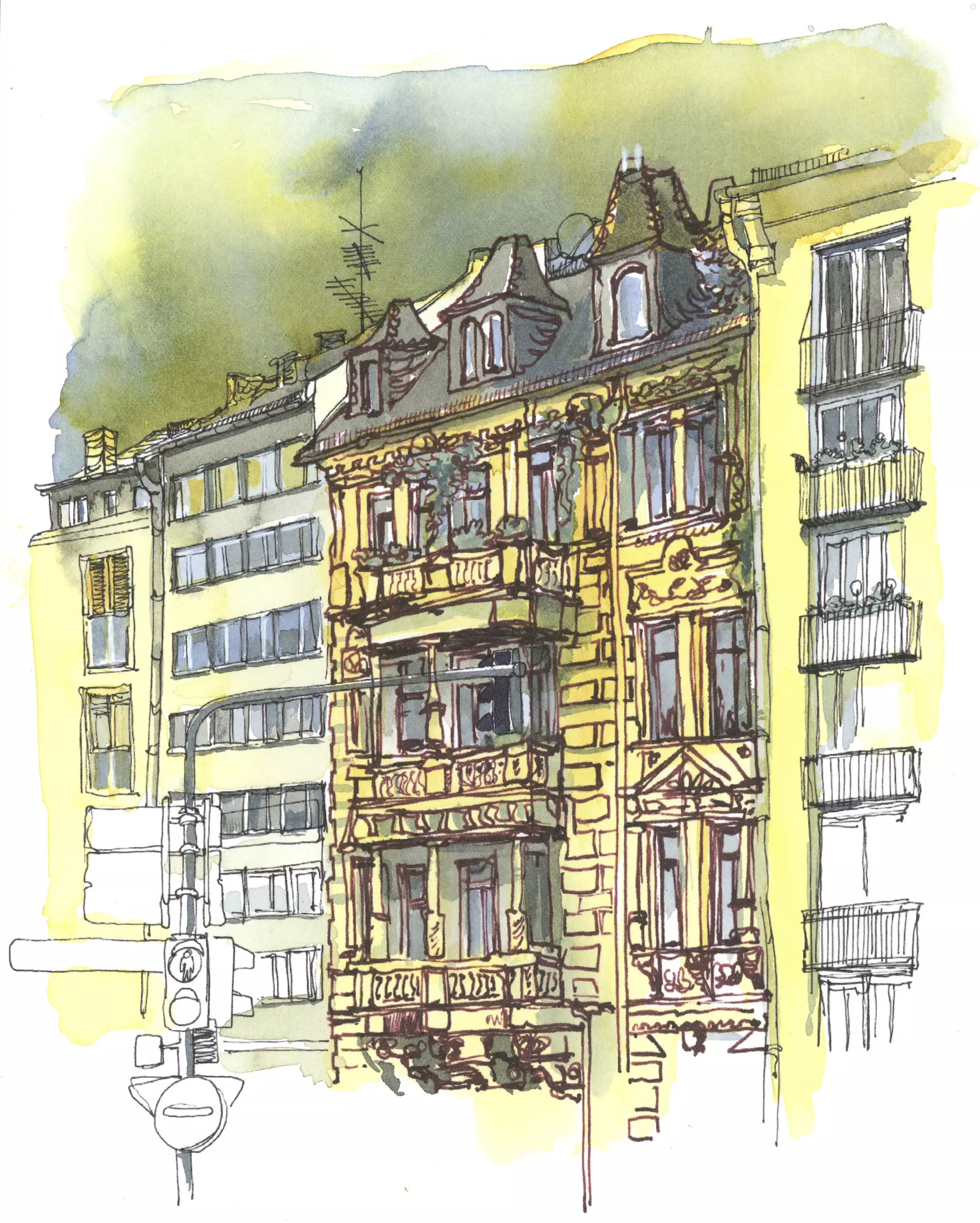 artistravel Malerei Dozentin Katja Rosenberg Urban Sketching Urban Sketching Zeichnung eines gelben Gebäudes mit Fenstern, erstellt von Katja Rosenberg - Dozentin bei artistravel