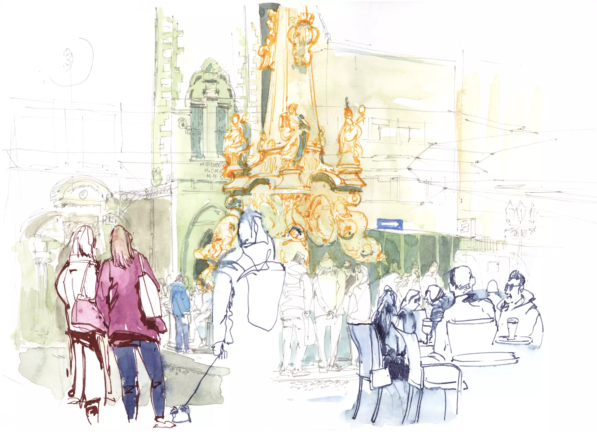 artistravel Malerei Dozentin Katja Rosenberg Urban Sketching Urban Sketching Zeichnung einer Innenansicht mit Menschen und Kronleuchter, erstellt von Katja Rosenberg - Dozentin bei artistravel