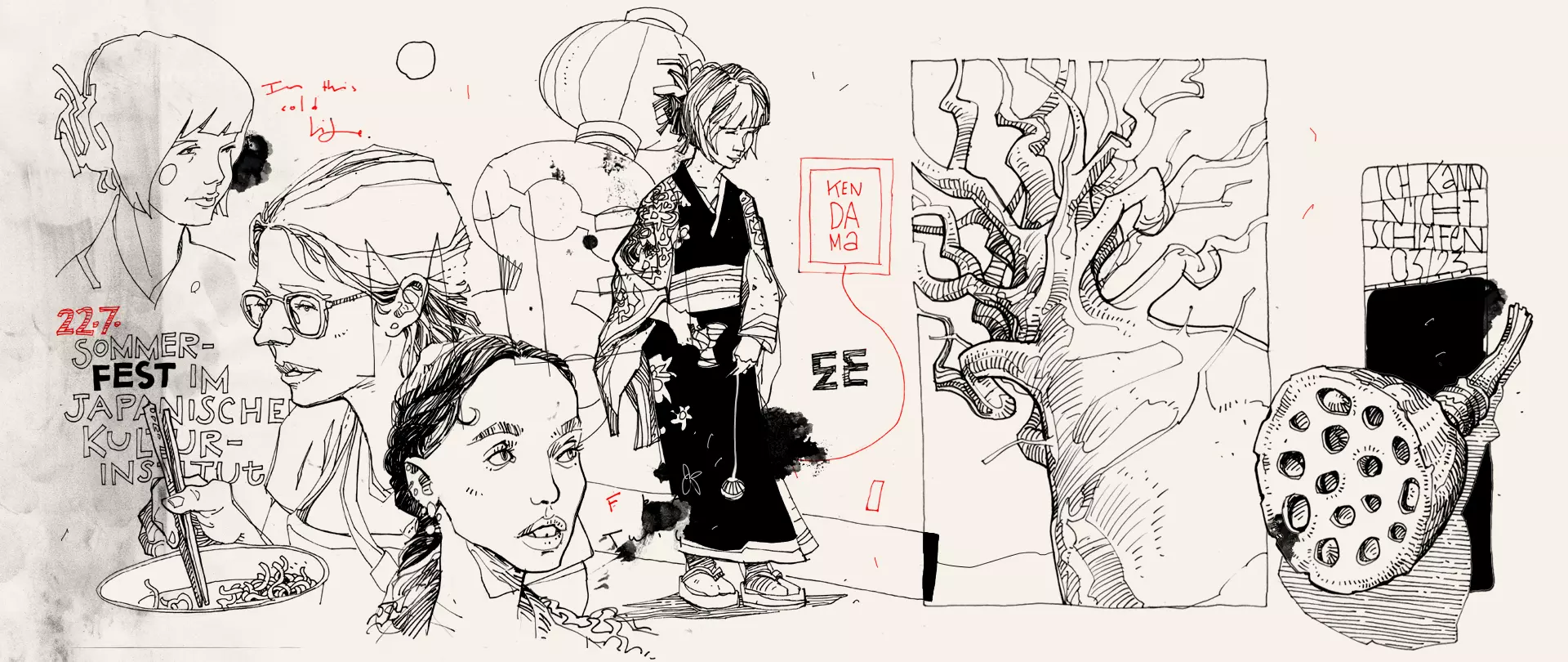 Zeichnung mit verschiedenen Portraits, japanisch gekleideter Figur Baumskulptur und Schriftzug "Sommerfest im Japanischen Kulturinstitut" künstlerischer Collage von artistravel Dozenten Peter Hoffmann