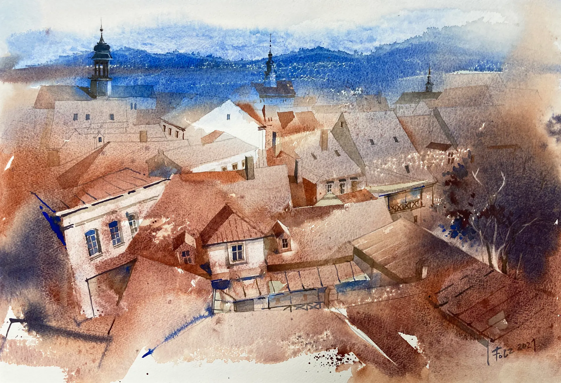 Bamberg Liebender Folz Bearbeitet Aquarell von Janna Liebender-Folz zeigt ein stimmungsvolles Stadtpanorama mit leuchtenden Farben und dynamischen Lichtbewegungen, die die besondere Atmosphäre einfangen