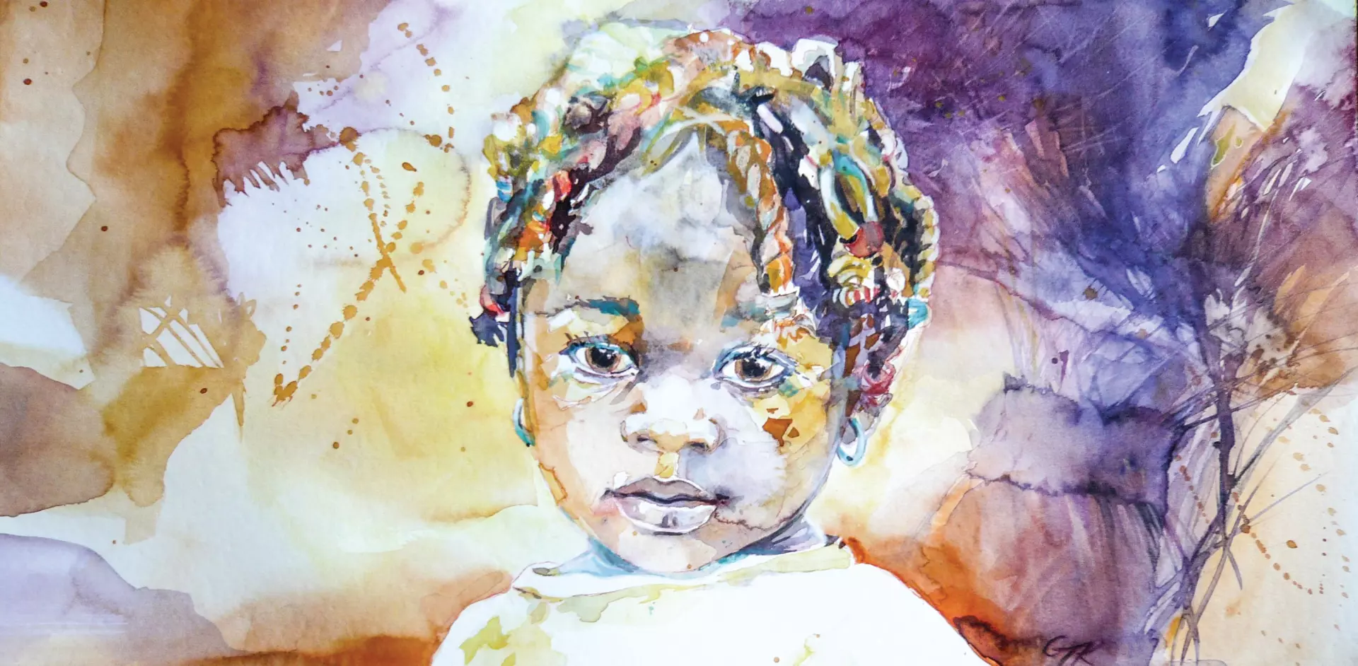 KInd in Aquarell Porträt eines Kindes mit bunten Zöpfen in lebendigen Aquarellfarben, Aquarell – erstellt von Gabriele Templin-Kirz, Dozentin bei artistravel