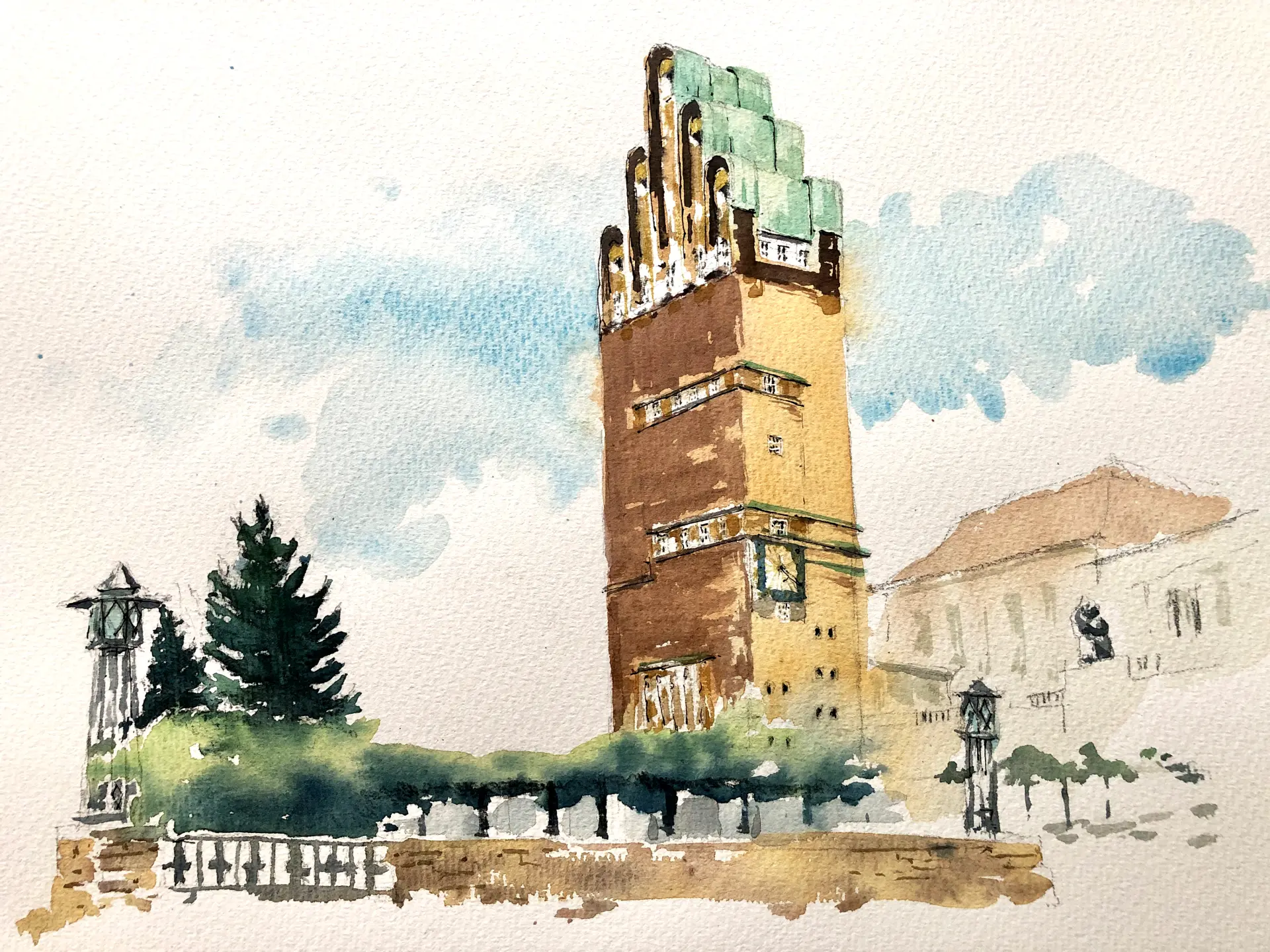 Bearbeitet IMG E0228 Kopie Aquarell von Dobroslawa Robinski zeigt einen hohen, detailreichen Turm mit grüner Spitze vor blauem Himmel, umgeben von Bäumen und urbaner Architektur