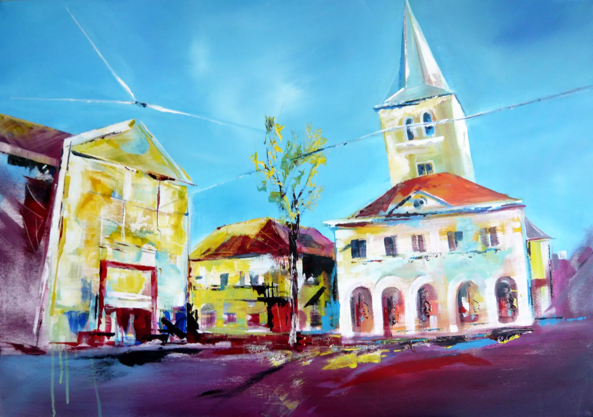 Stadtansicht in Acryl Bunte Stadtansicht mit Kirchturm in lebendiger Acryltechnik, Acryl – erstellt von Gabriele Templin-Kirz, Dozentin bei artistravel
