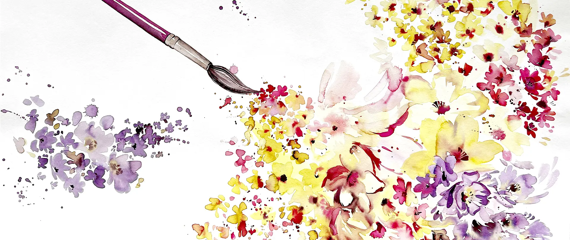 Aquarell von Eva Dillenburg mit einem Pinsel, der farbenfrohe, lebendige Blumen und Lichtakzente in gelb, lila und rot spontan und expressiv gestaltet