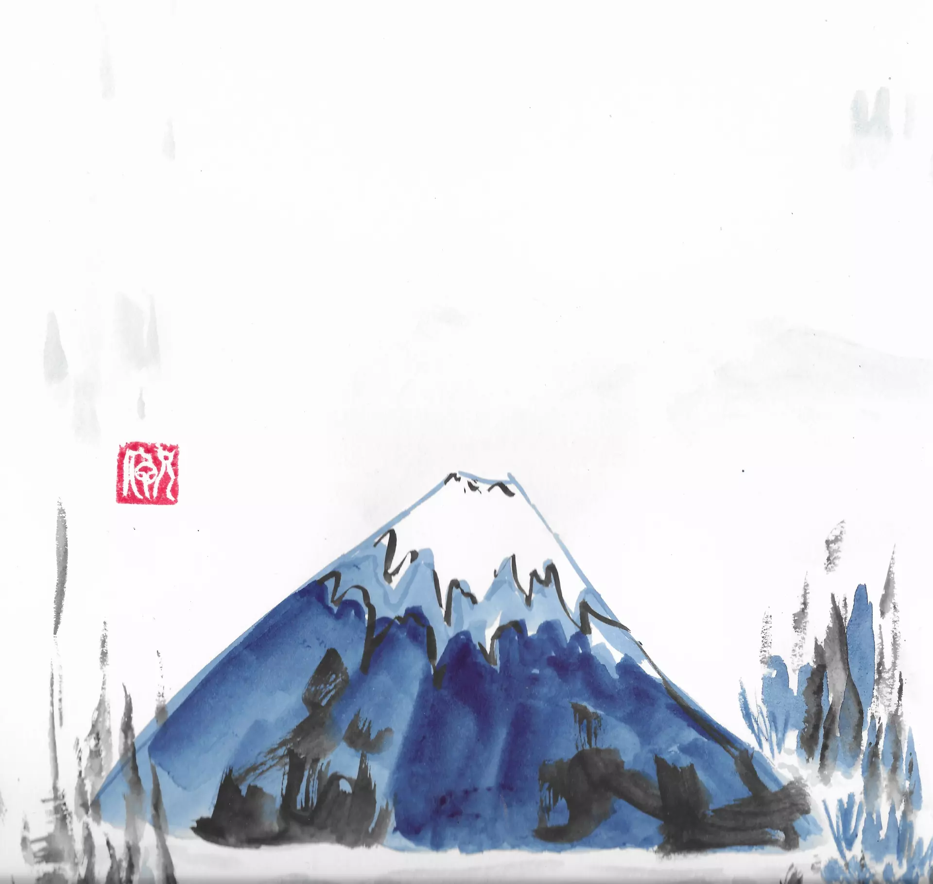 Fuji Sumie AR 7 Aquarell und Tusche von Anita Ranzan mit meditativ reduzierter Darstellung eines schneebedeckten Berges, die Stille, Achtsamkeit und innere Balance symbolisiert