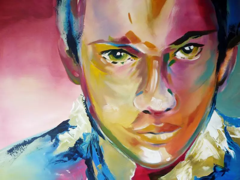 Junger Mann in Acryl Expressives Portrait Porträt eines jungen Mannes mit intensivem Blick, Acryl – erstellt von Gabriele Templin-Kirz, Dozentin bei artistravel