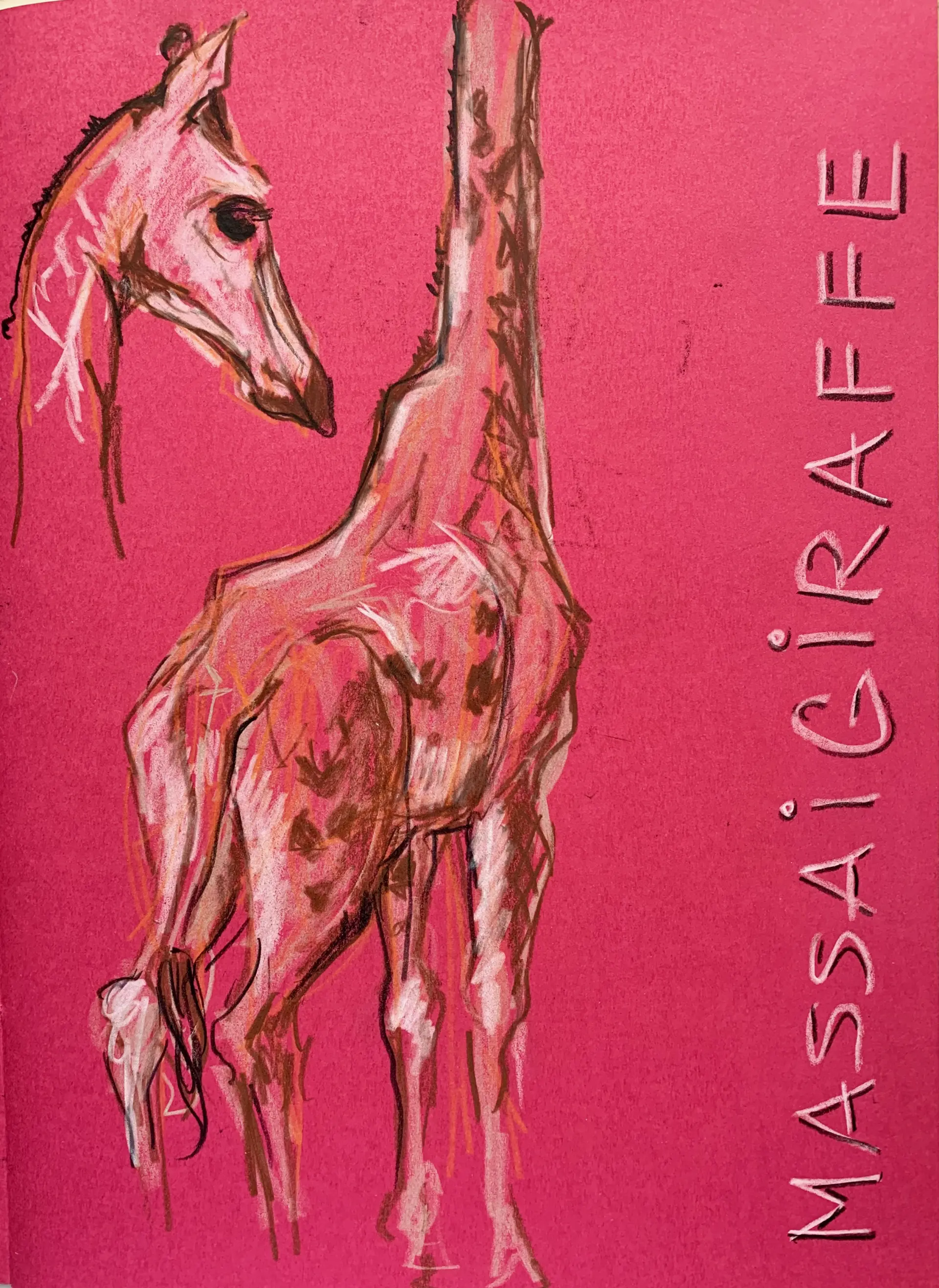 Giraffenzeichnung auf pinkem Hintergrund mit schematischem Stil und Schriftzug „MASSAI GIRAFFE“ von Annette Gevatter, Ausdruck spontaner Beobachtung und Bewegung