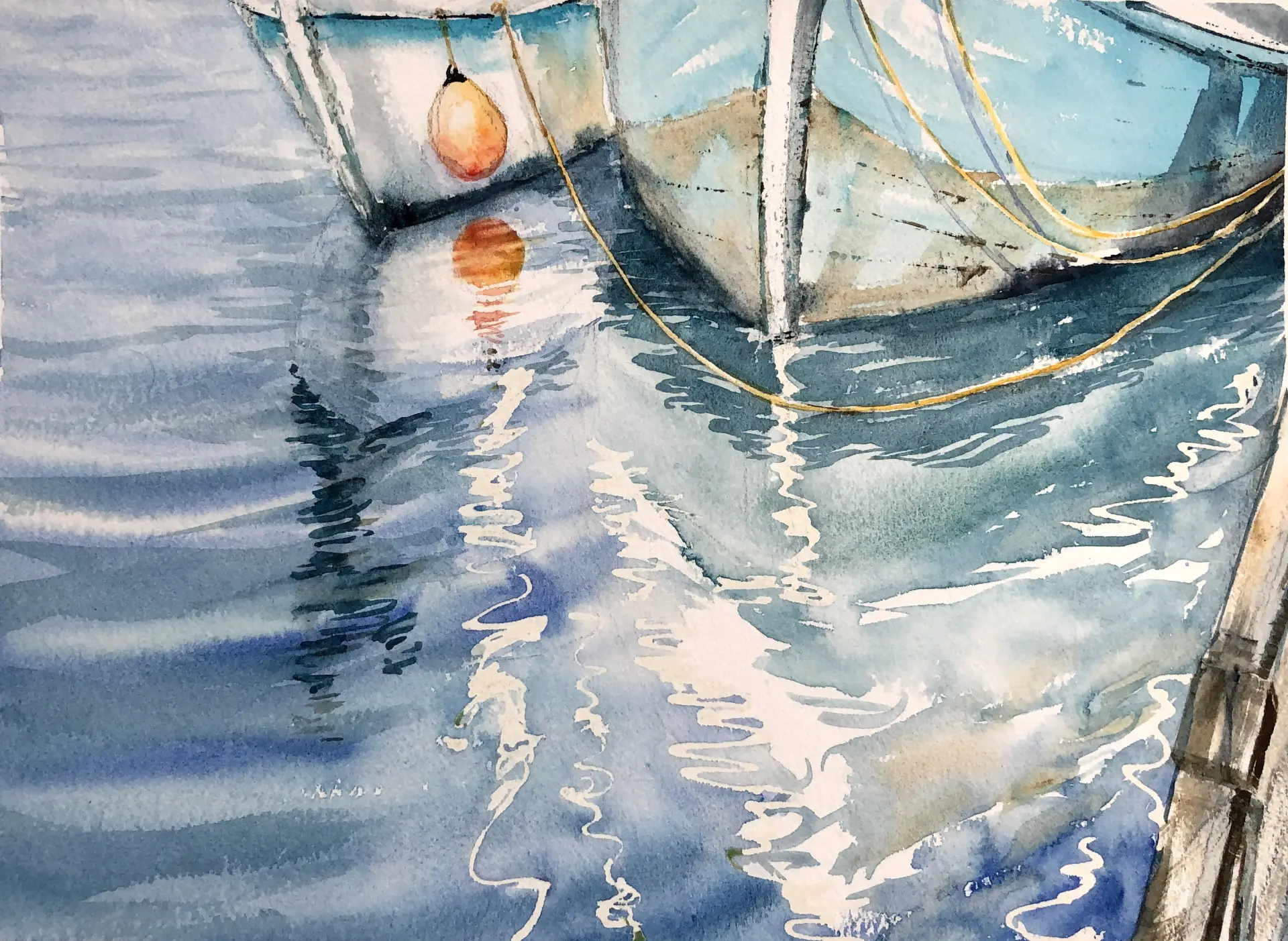 IMG 1035 Aquarell von Dobroslawa Robinski mit Spiegelungen von Booten und Wasseroberfläche in harmonischer Farbkomposition und stimmungsvoller Lichtführung