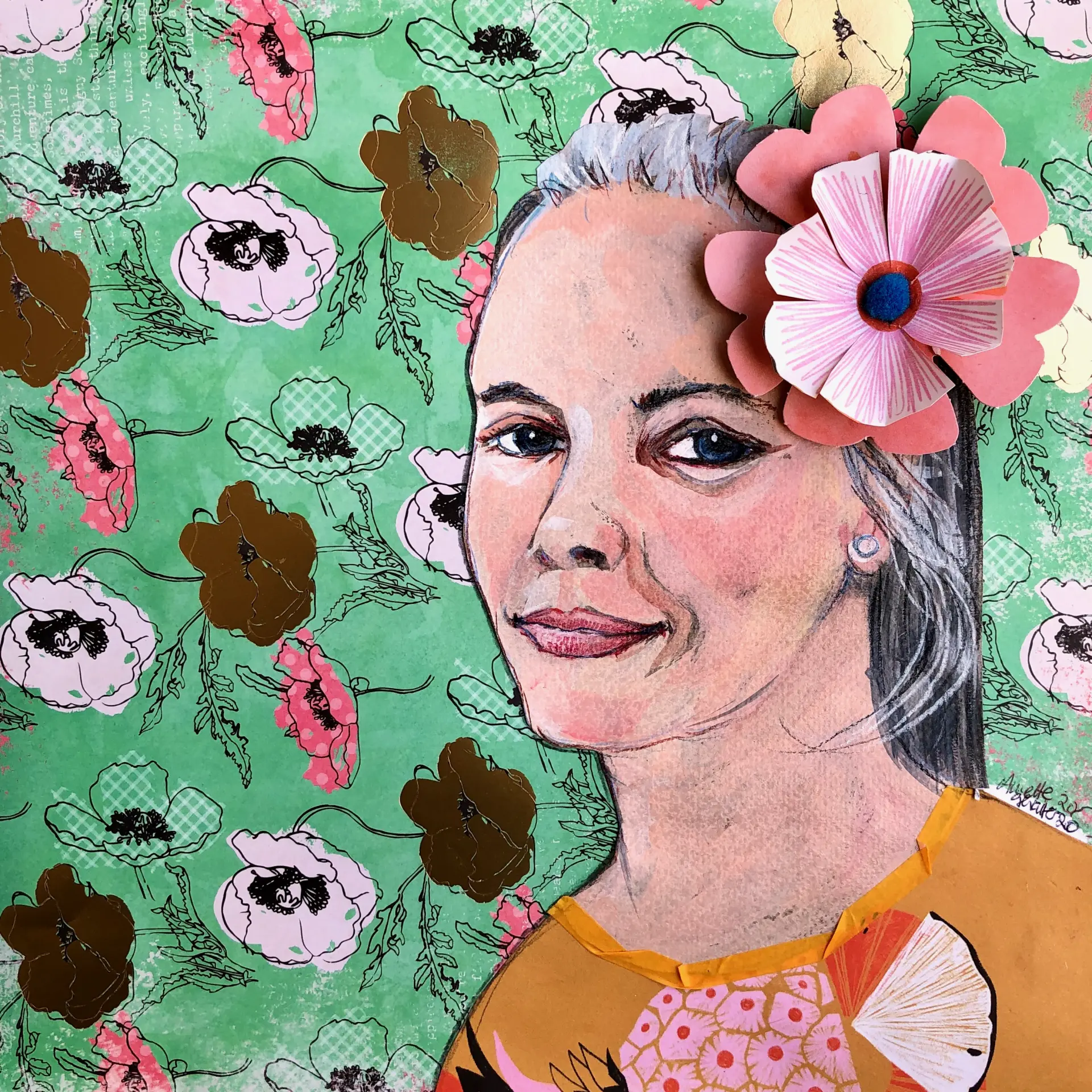 Porträt einer Frau mit Blumen auf grünem Hintergrund, gemalt von Annette Gevatter, das spontane, natürliche Eindrücke und lebendige Farben kombiniert