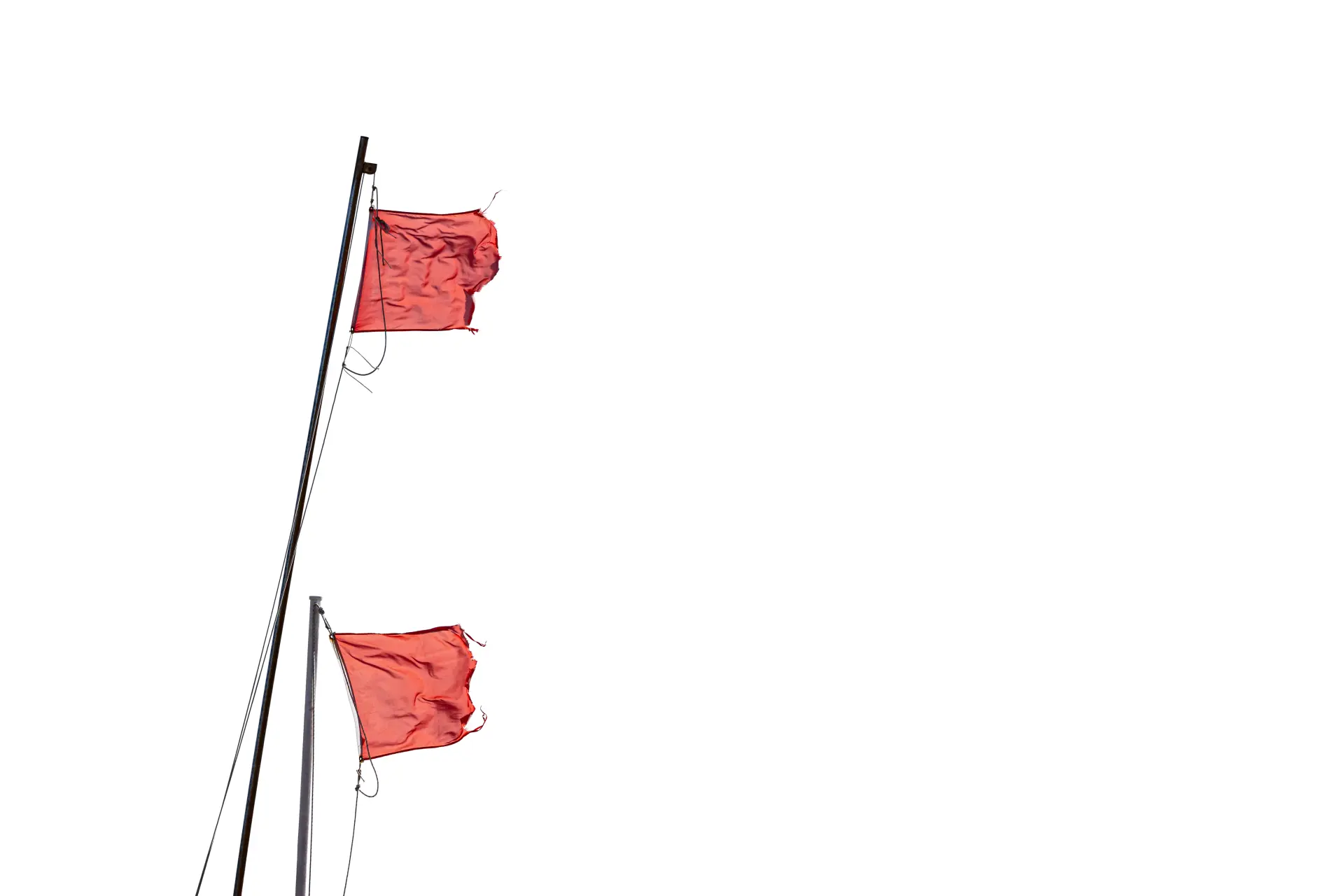 Zwei rote Fahnen an Masten vor weißem Hintergrund in minimalistischer Komposition von Urs Renggli
