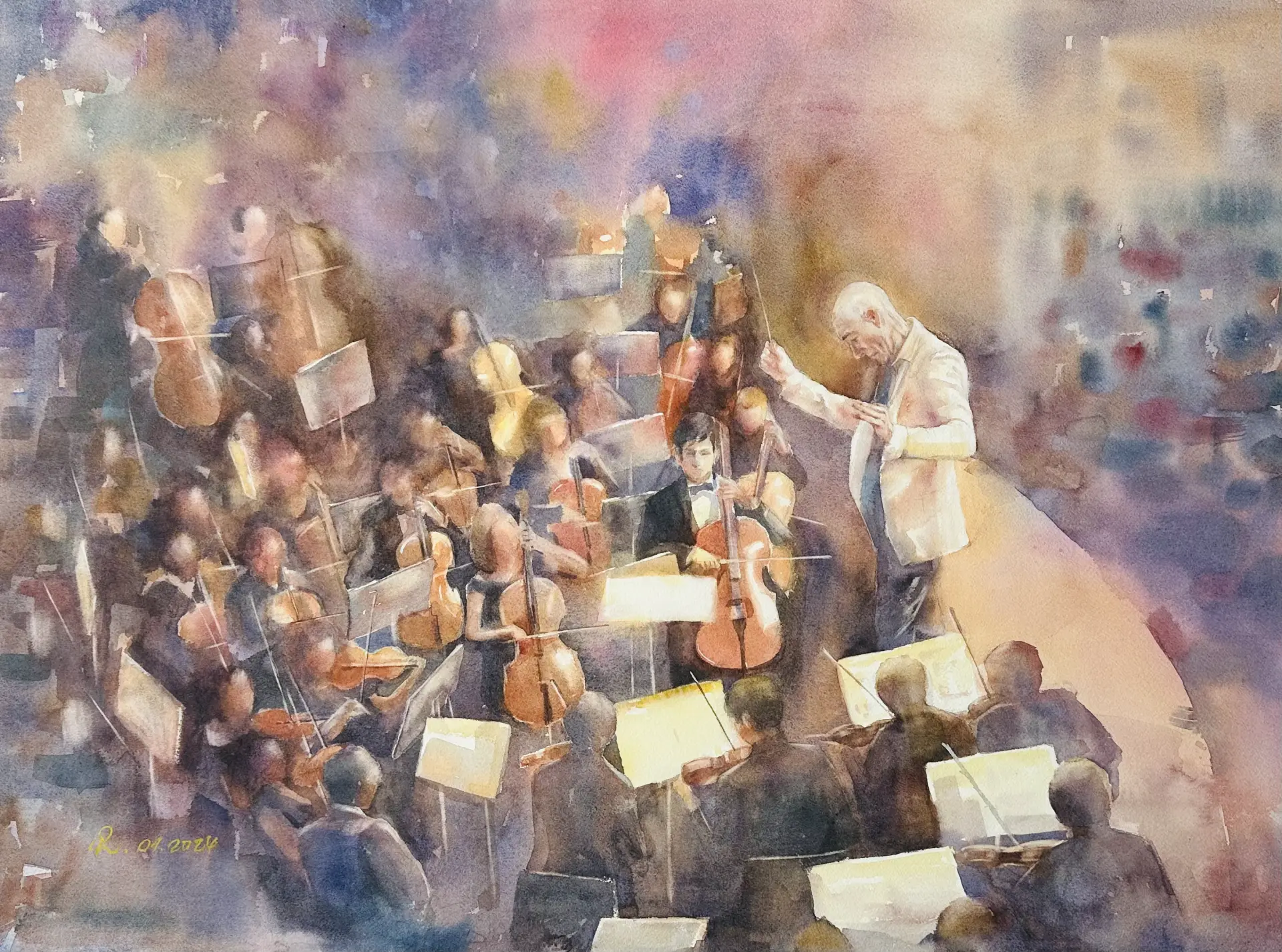 Aquarell von Demy Lisowski zeigt ein von Licht und Farbe getragenes Orchester mit Dirigent in atmosphärischer, verschwommener Darstellung