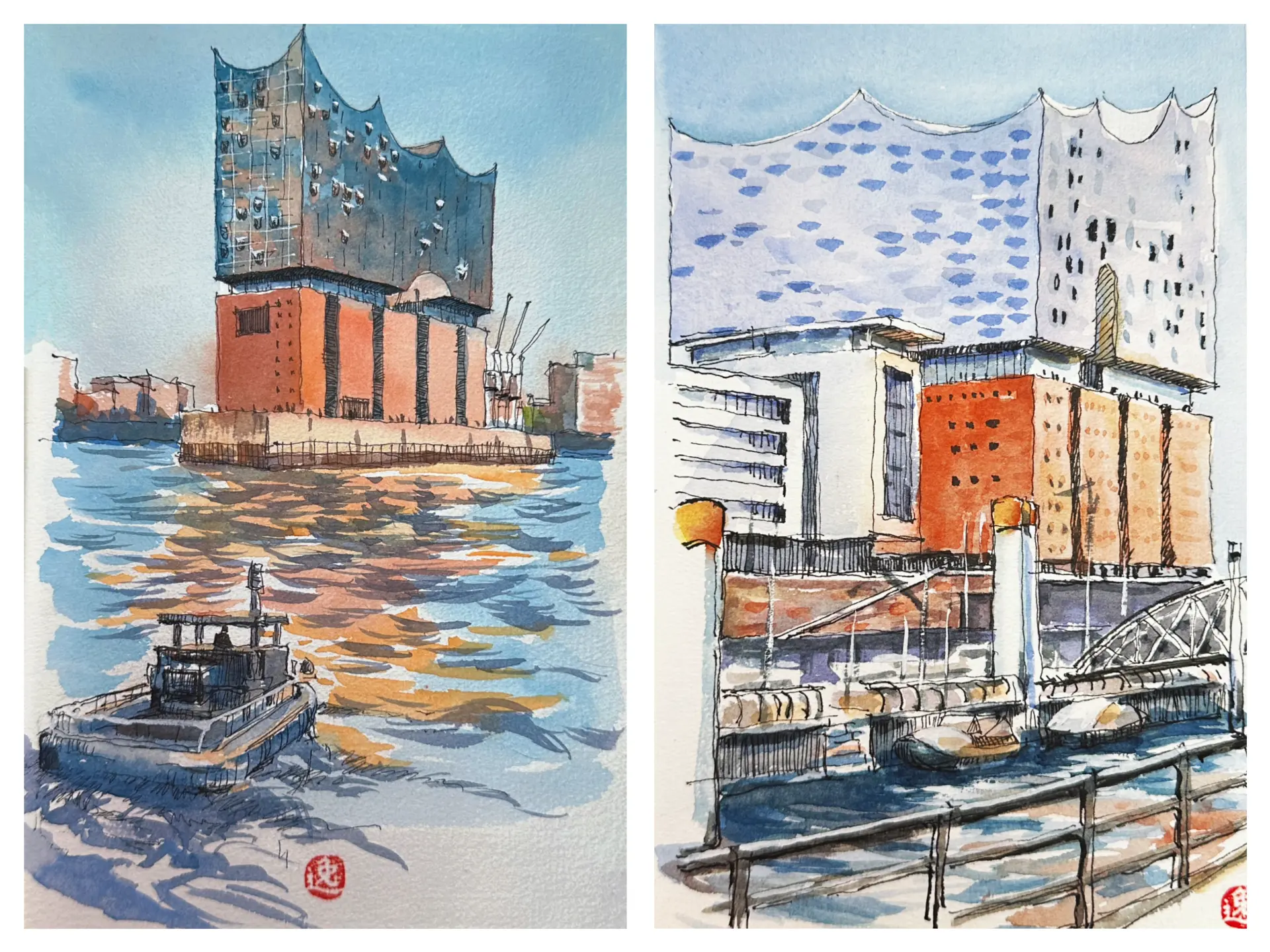 Aquarellskizzen von Demy Lisowski zeigen die Elbphilharmonie in Hamburg mit Lichtspielen auf Wasser und markanter Architektur, kombiniert mit chinesischen Malereinflüssen