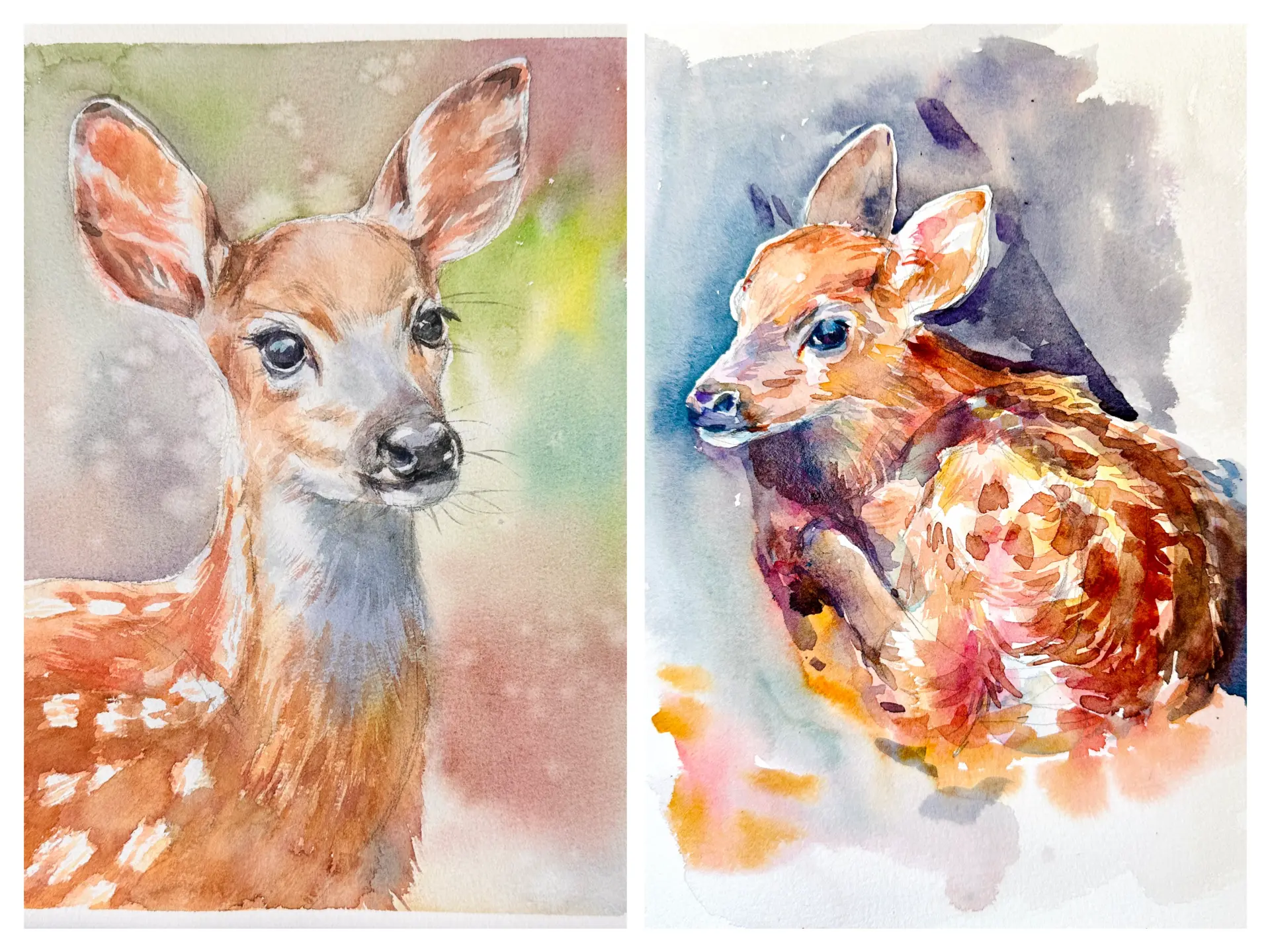Rehkitz in Aquarell Zwei zarte Rehkitze in atmosphärischen Aquarellbildern von Demy Lisowski, die mit Licht, Farbe und Nass-in-Nass-Technik Stimmung und Nähe vermitteln