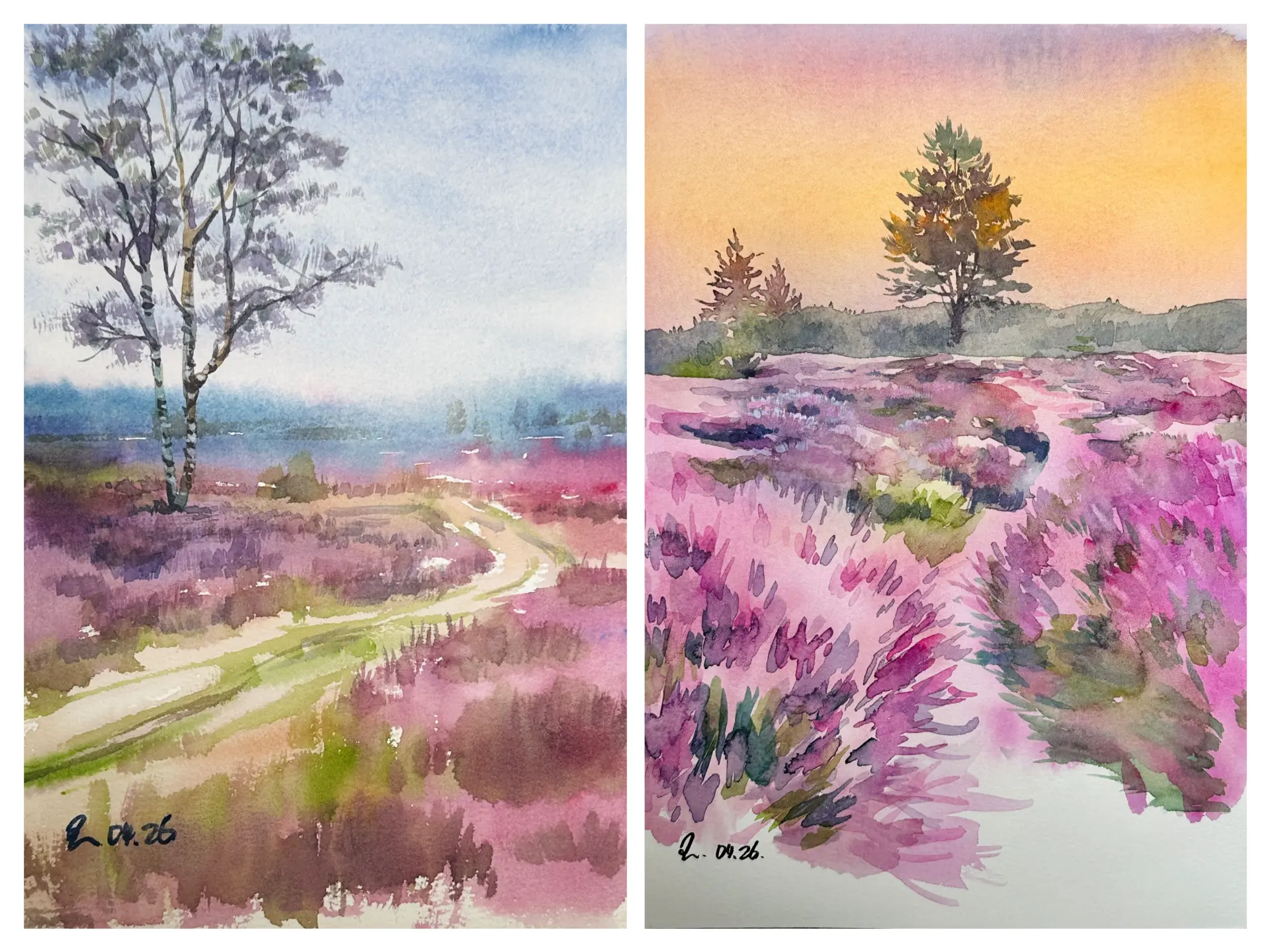 Zwei stimmungsvolle Aquarell-Landschaften mit lila blühender Heide und Bäumen im Licht, gemalt von Demy Lisowski mit fließender Nass-in-Nass-Technik