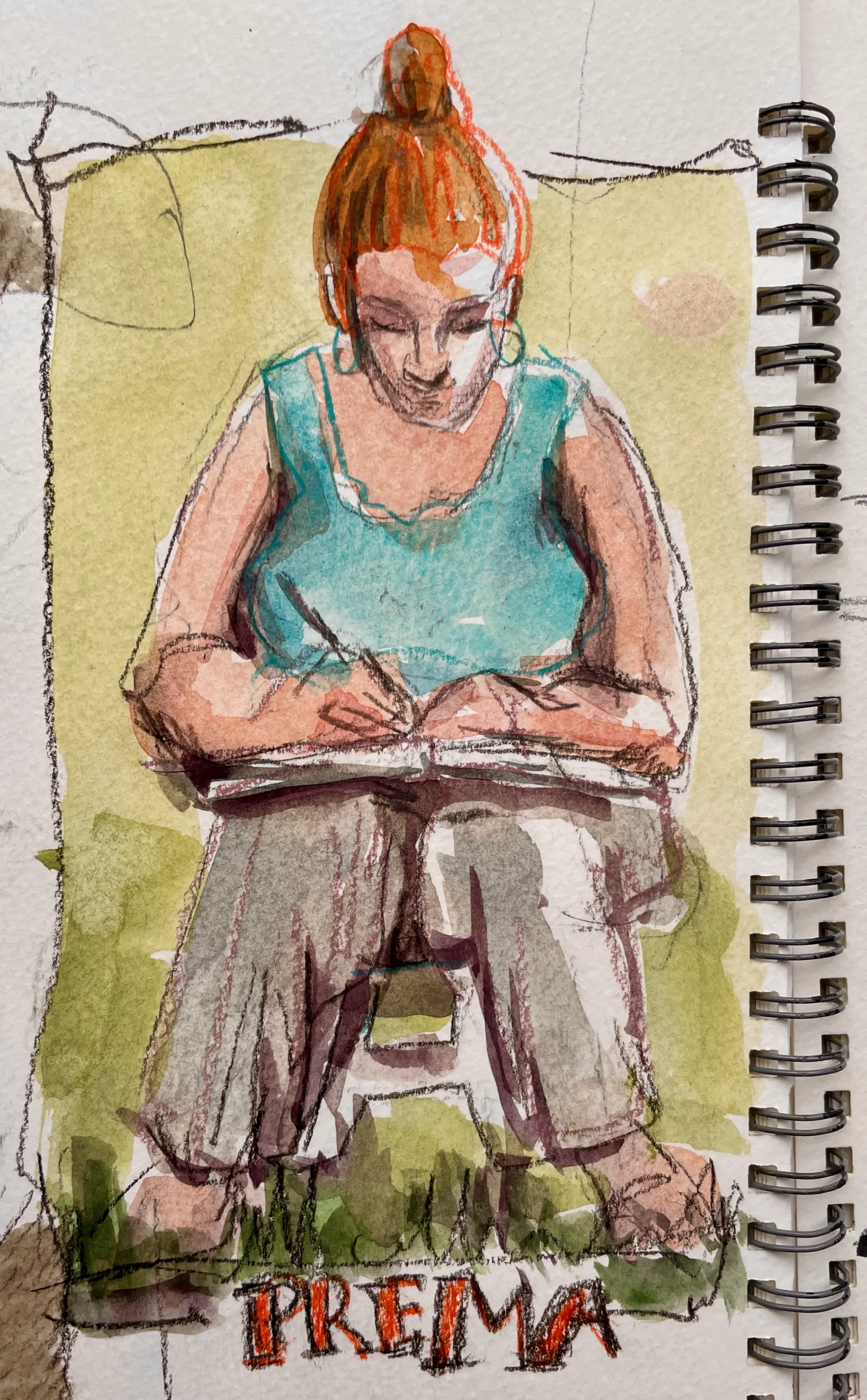 Aquarellskizze von Annette Gevatter zeigt eine Frau mit rotem Dutt, die auf einem Stuhl sitzt und konzentriert in ein Buch schreibt