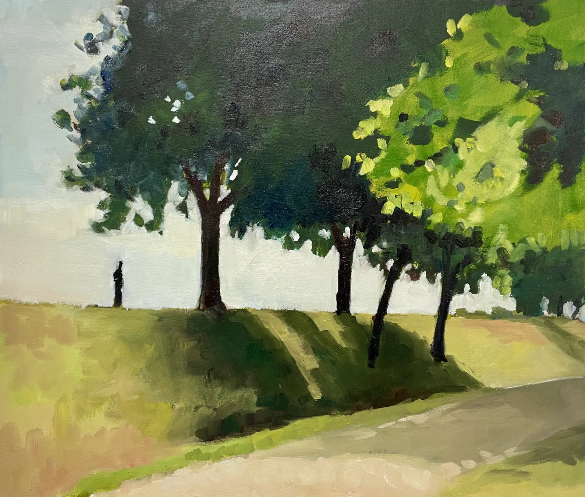 Landschaft mit Bäumen und einer stehenden Person in lockerem, intuitivem Stil von Annette Gevatter, der Alltagseindrücke und Naturstimmungen vermittelt