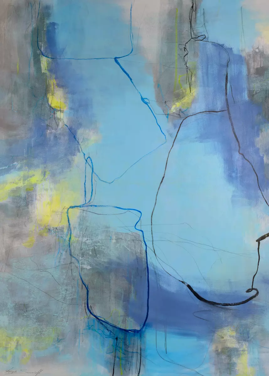 Ich und Du Raum lassen 100x140cm von Angela Sommerhoff Abstraktes Gemälde von Angela Sommerhoff mit fließenden blauen und gelben Farbtönen und feinen Linien