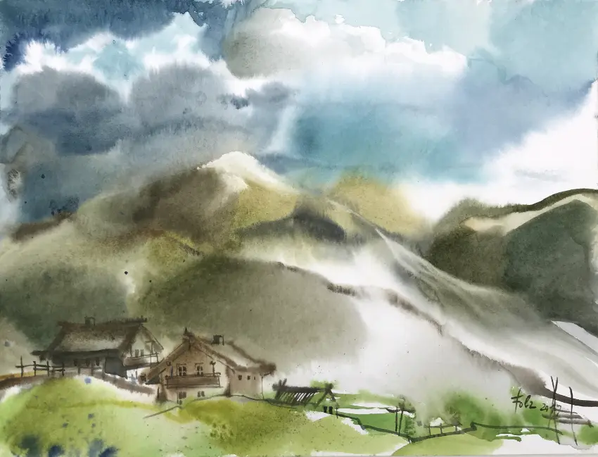 Janna Liebender Folz Berglandschaft 1 Aquarell von Janna Liebender-Folz zeigt stimmungsvolle Berglandschaft mit leuchtenden Farben, Wolken und Häusern im Vordergrund, die Licht und Emotionen lebendig einfangen