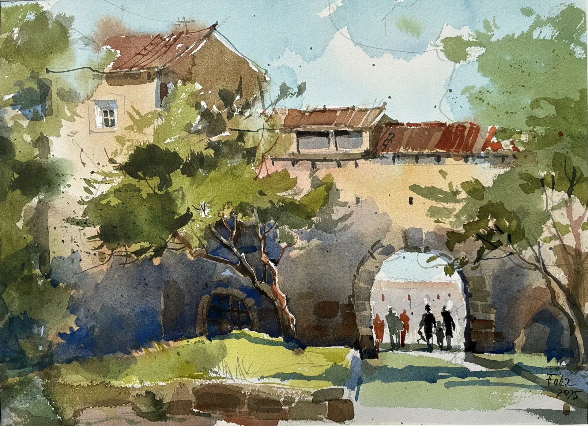 Janna Liebender Folz Castra 2 Aquarell von Janna Liebender-Folz zeigt eine sonnendurchflutete historische Toranlage mit Bäumen und Personen im Hintergrund, die lebendige Lichtstimmung und dynamische Farbwirkungen einfängt