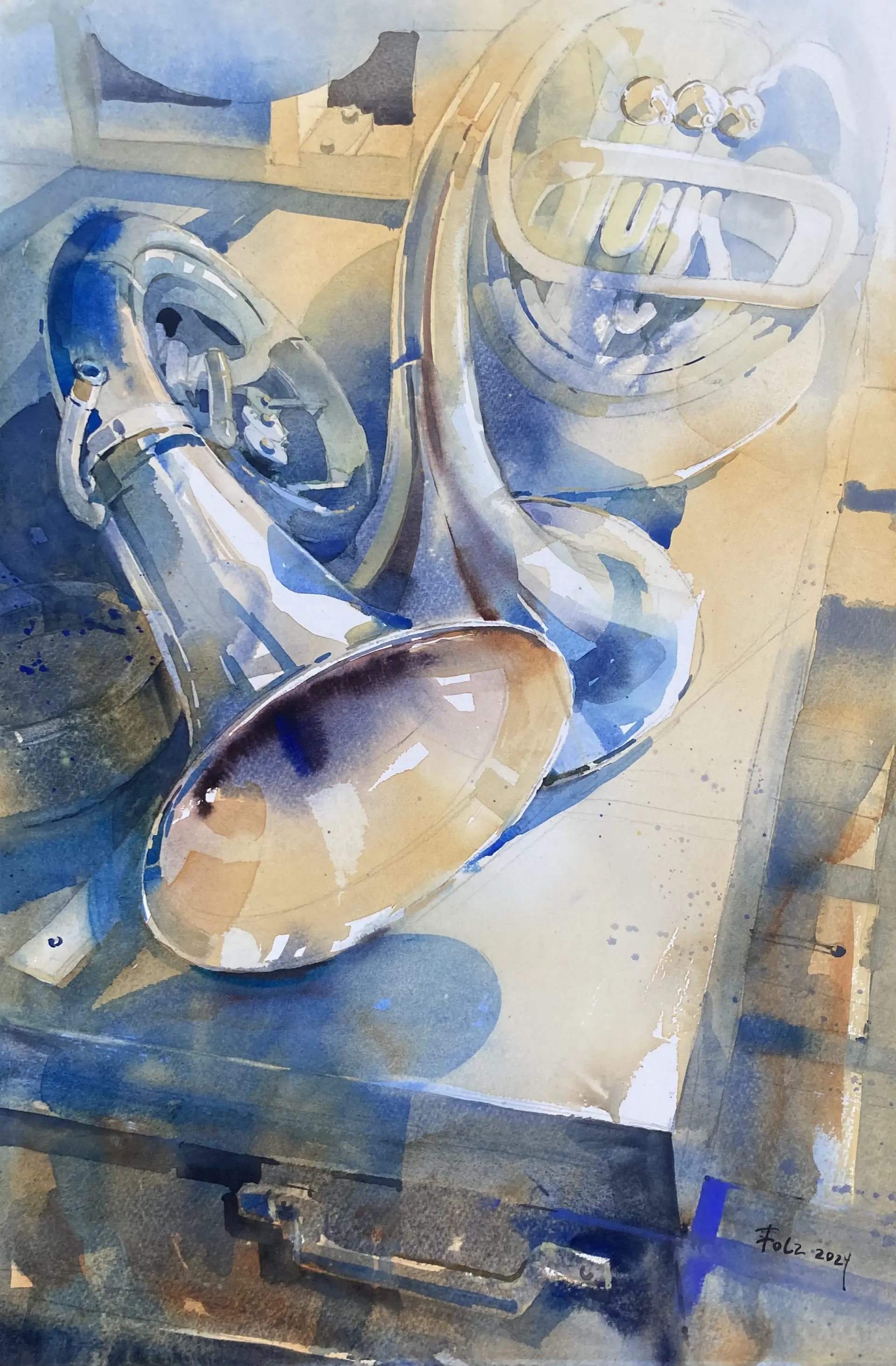 Janna Liebender Folz Musik Leuchtendes Aquarell von Janna Liebender-Folz mit metallischen Hörnern in lebendigen Blau- und Beigetönen, eingefangen in dynamischer Lichtstimmung