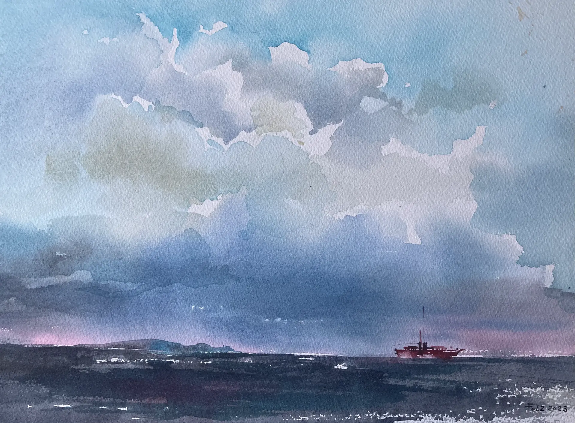 Janna Liebender Folz Vor dem Gewitter Janna Liebender-Folz zeigt in diesem Aquarell ein stimmungsvolles Meer mit dramatischen Wolken und einem roten Schiff am Horizont in zarten Licht- und Farbtönen