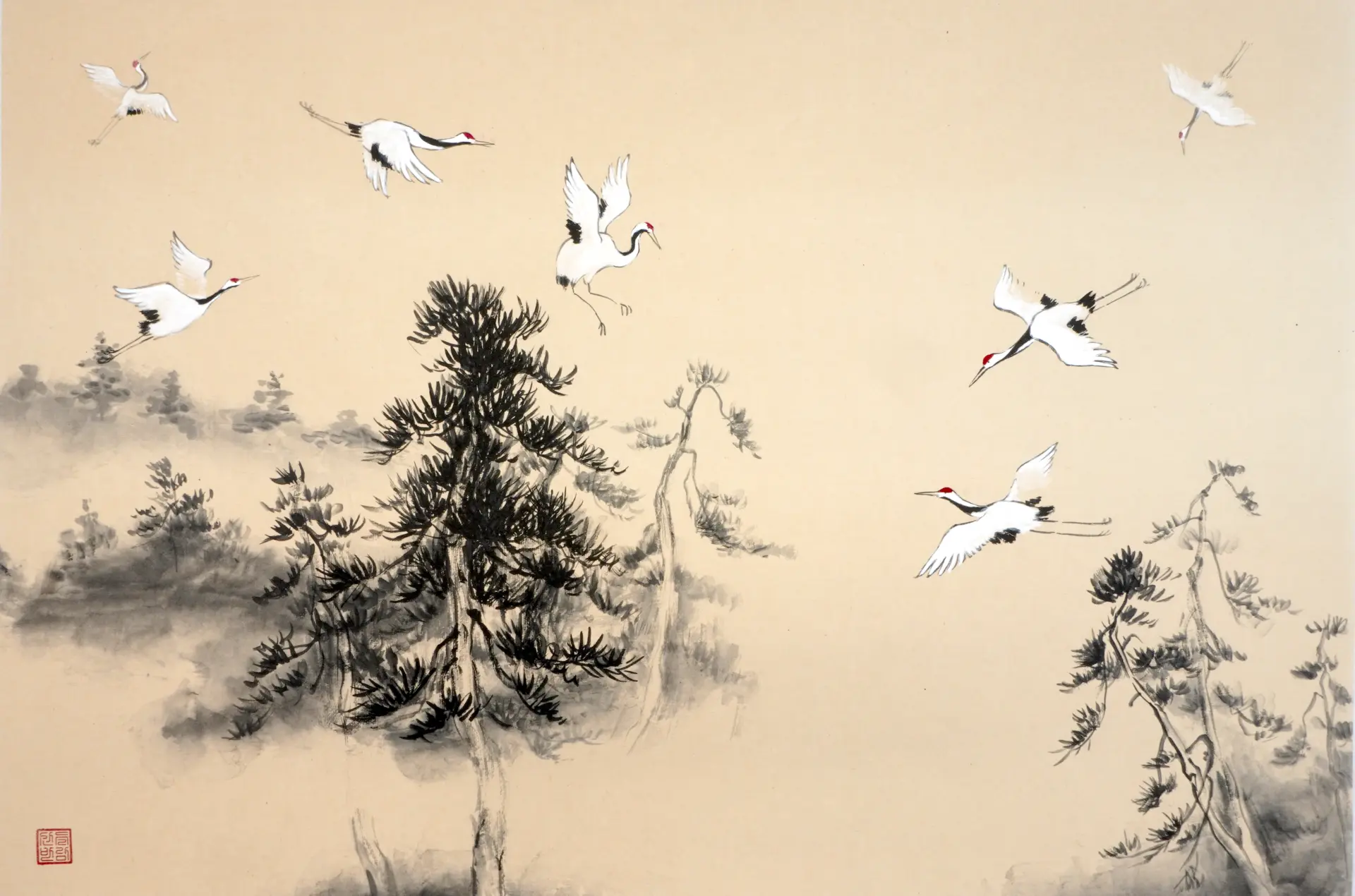 Kraniche und Bäume in reduzierter Tuschmalerei von Eun Jung Kim, die durch klare Linien und Leerräume Ruhe und Tiefe der Natur zeigt