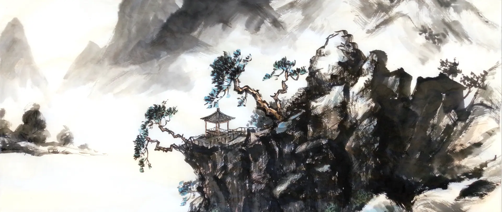 Ostasiatische Tuschmalerei von Eun Jung Kim mit Berglandschaft, Felsen, Pinien und einem Pavillon, betont durch kraftvolle Linien und reduzierte Formen
