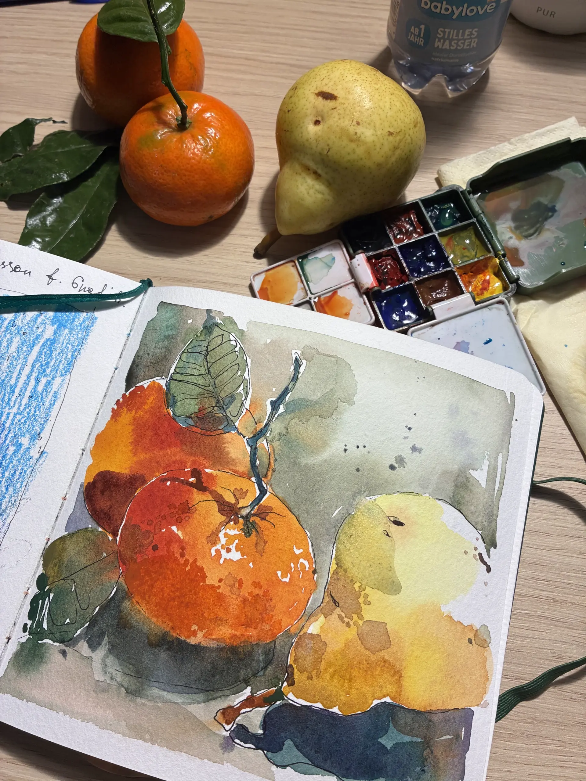 Liebender Folz Sketching Obst Aquarell von Janna Liebender-Folz zeigt leuchtende Mandarinen und eine Birne im spontanen Stillleben, lebendig und dynamisch mit Wasserfarbe und Lichtstimmung