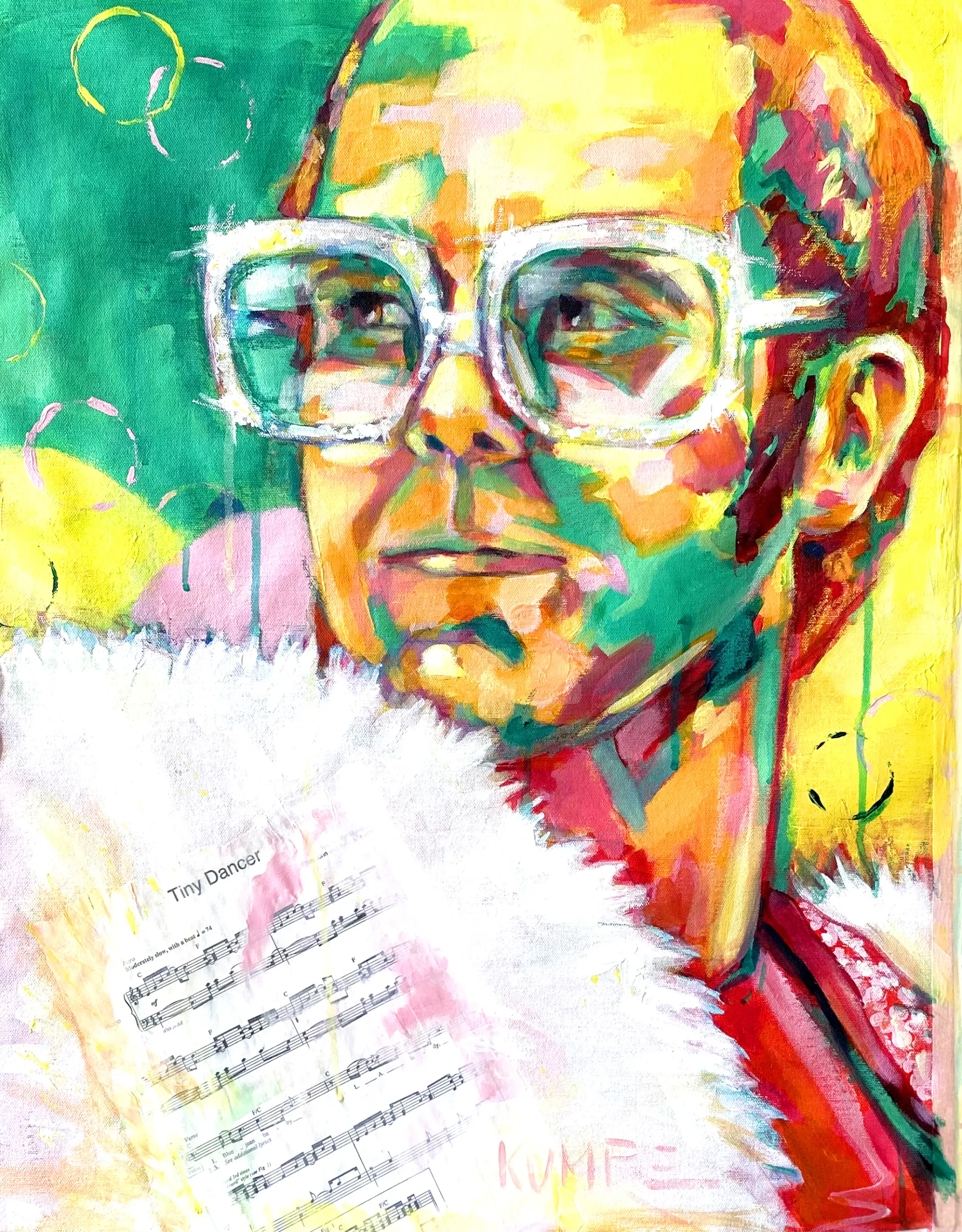 Expressives Portrait ELTON JOHN Acryl Ausdrucksstarkes, farbenfrohes Porträt mit großen Brillengläsern und Notenblatt, gemalt von Bettina Kumpe im dynamischen, expressiven Stil