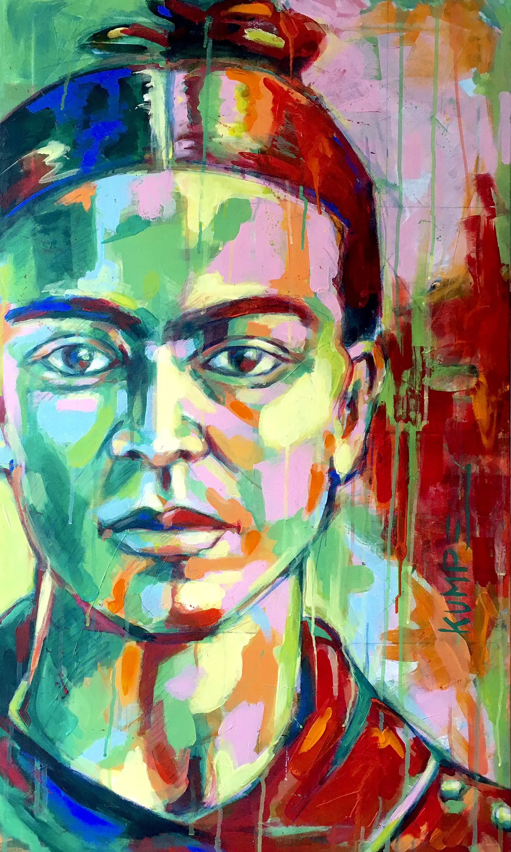 Expressives Portrait Acryl FRIDA KAHLO BK Ausdrucksstarkes, farbenfrohes Porträt mit dynamischen Pinselstrichen, das Persönlichkeit und Präsenz des Motivs betont, gemalt von Bettina Kumpe
