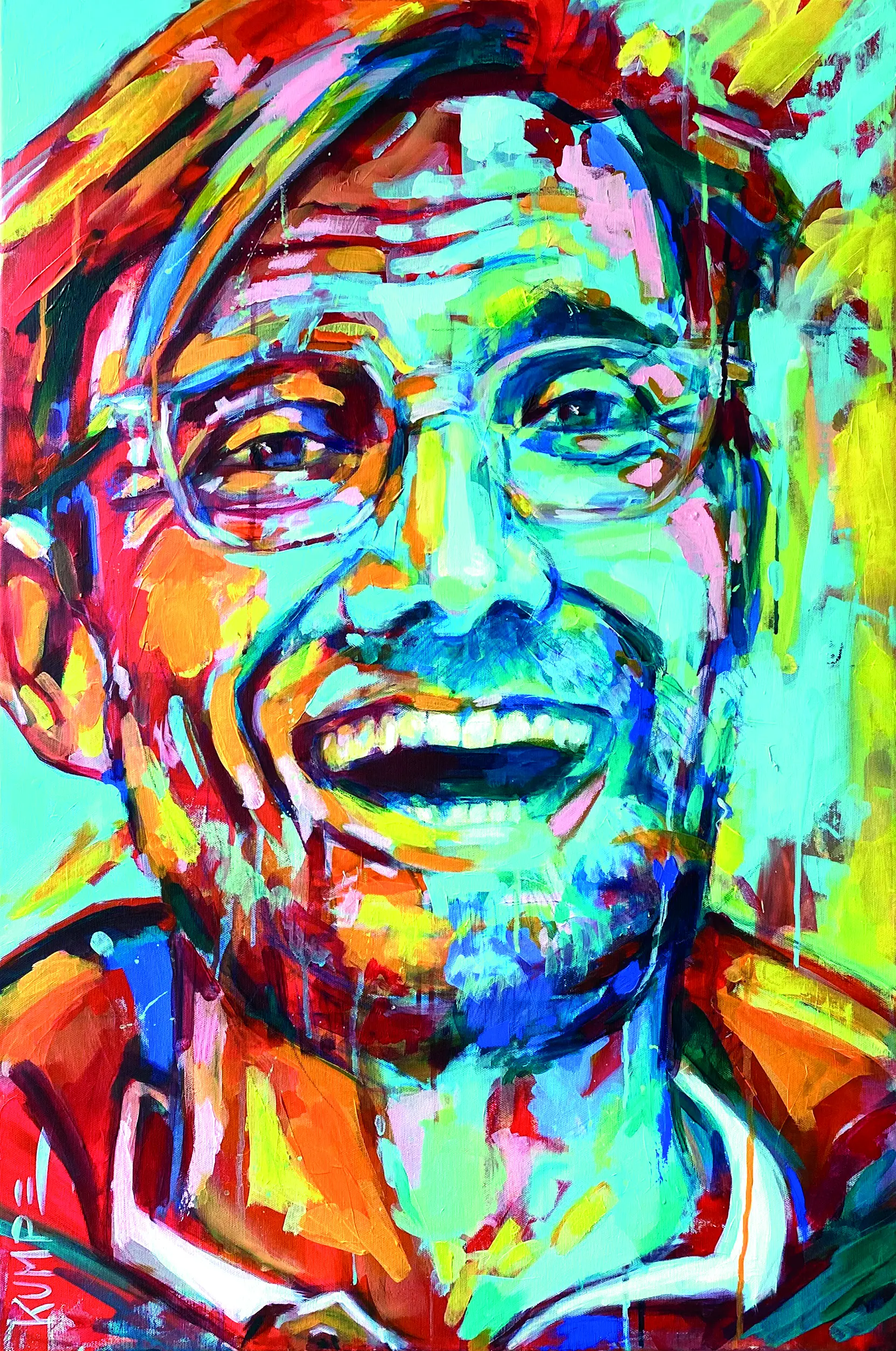 Expressives Portrait JUERGEN KLOPP Acryl Leuchtendes, expressives Porträt eines lachenden Mannes mit Brille in lebendigen Farben und dynamischen Pinselstrichen von Bettina Kumpe