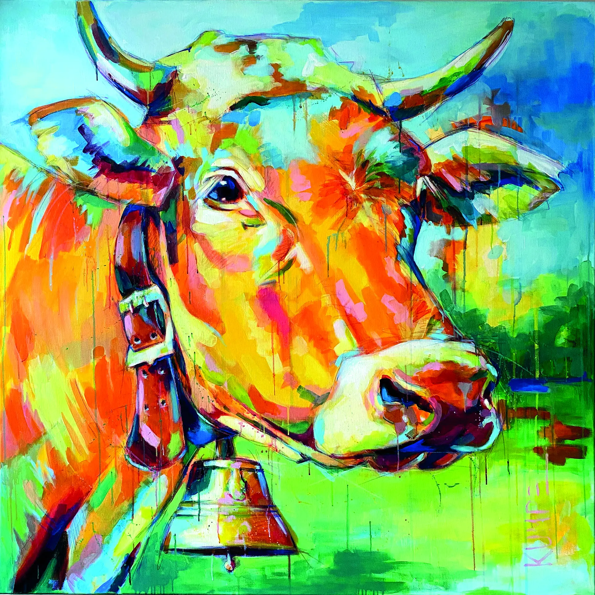 Expressives Tier Portrait Kuh Acryl Leuchtendes, expressives Kuhporträt mit kräftigen Farben und dynamischen Pinselstrichen von Bettina Kumpe voller Persönlichkeit und Ausstrahlung