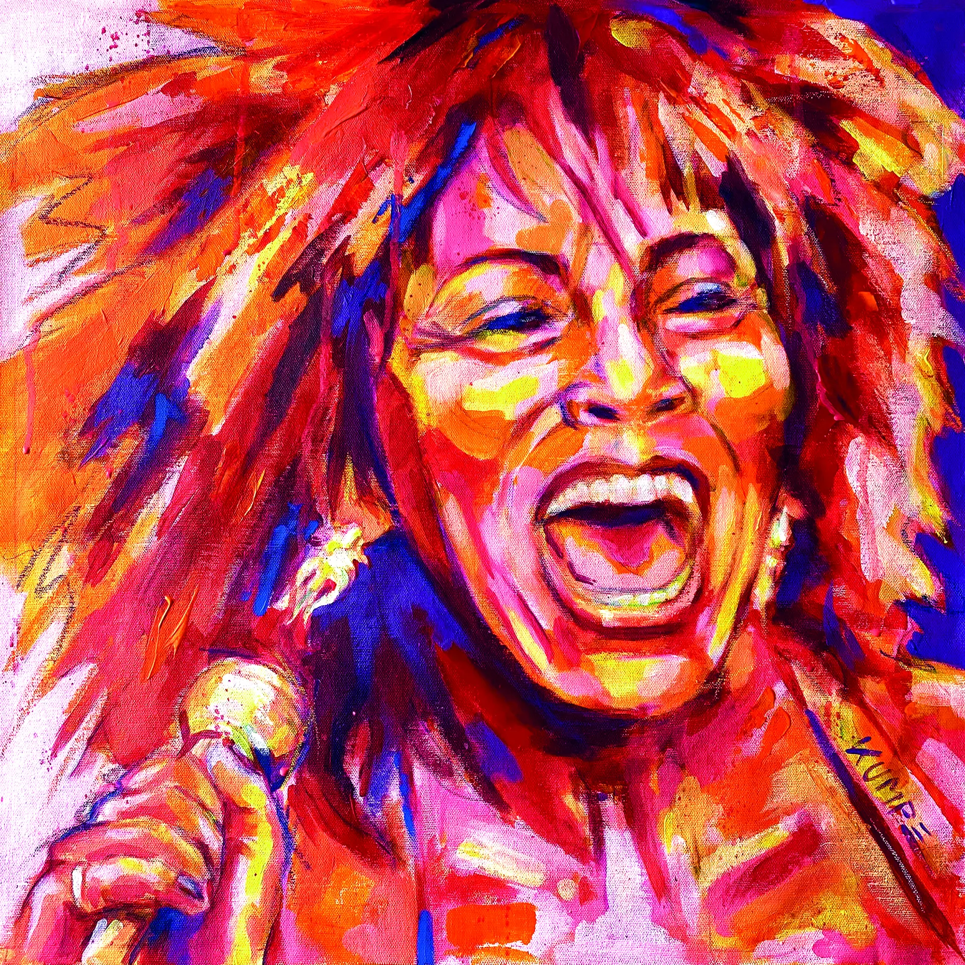 Expressives Portrait Acryl TINA TURNER BK Lebhaftes Porträt einer lachenden Sängerin in expressiven, leuchtenden Farben mit dynamischen Pinselstrichen von Bettina Kumpe