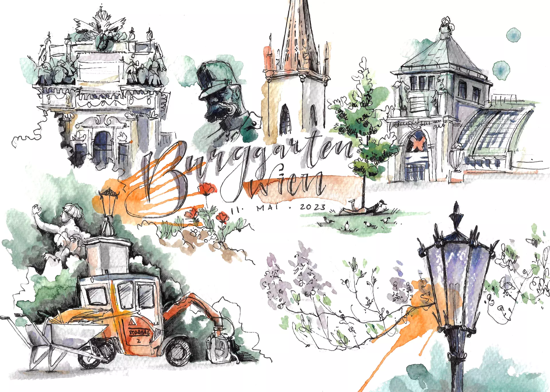 Ein Tag im Burggarten – Wien in Skizzen und Farben von artistravel-Dozentin Tanja Meyer Illustrative Aquarell-Collage mit skizzenhaften Darstellungen des Burggartens in Wien: Historische Gebäude, Denkmäler, ein Gärtnerfahrzeug, Blumen, eine alte Straßenlaterne und Menschen auf der Wiese.