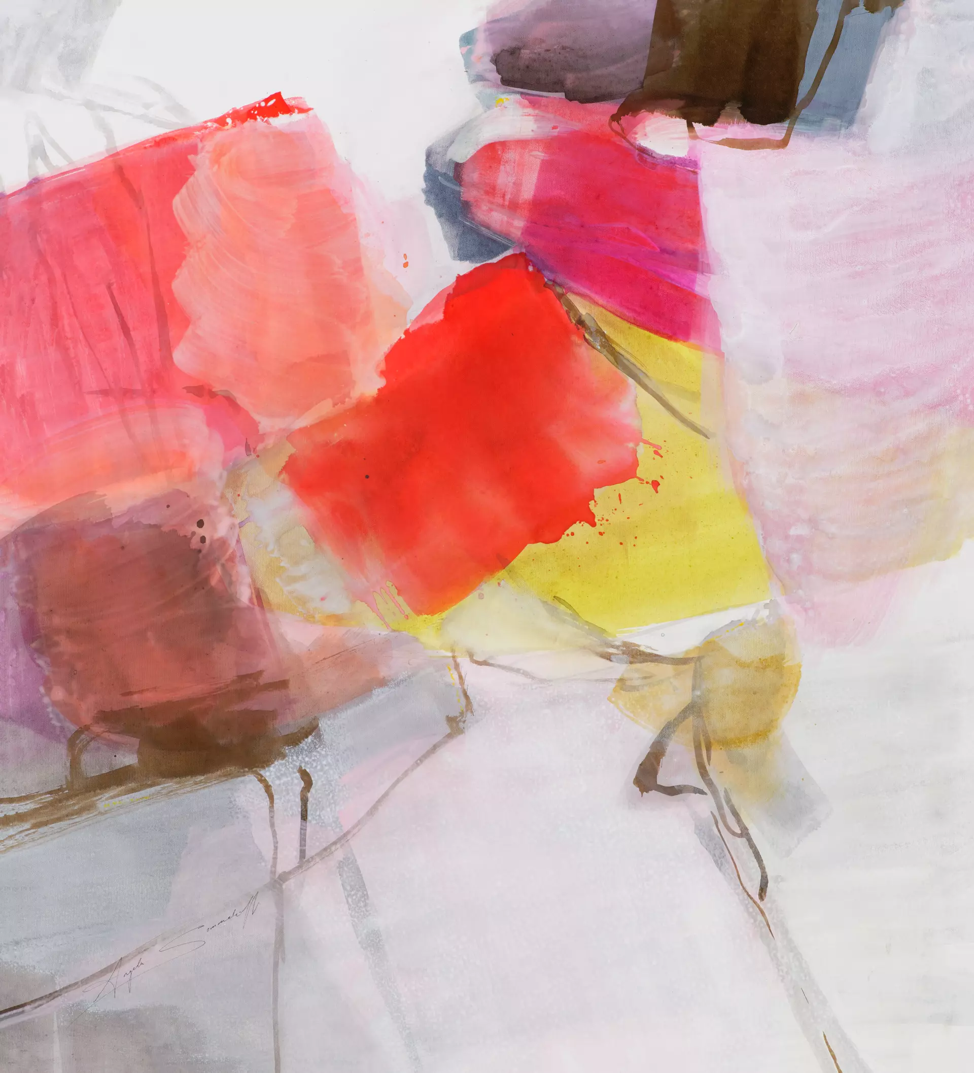 Windgeflüster 3 2022 100x110cm von Angela Sommerhoff Abstrakte Farbkomposition mit lebendigen Rot-, Rosa- und Gelbtönen in lockeren Formen von Angela Sommerhoff