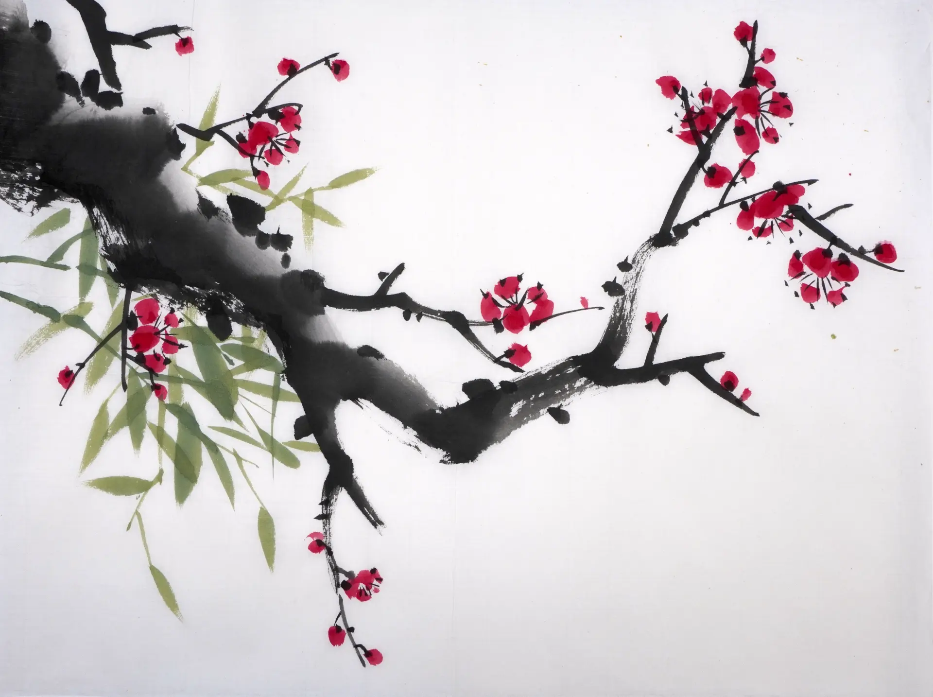 Zweig mit roten Blüten und grünen Blättern in minimalistischer ostasiatischer Tuschmalerei von Eun Jung Kim, die Naturessenz mit klaren Pinselstrichen darstellt